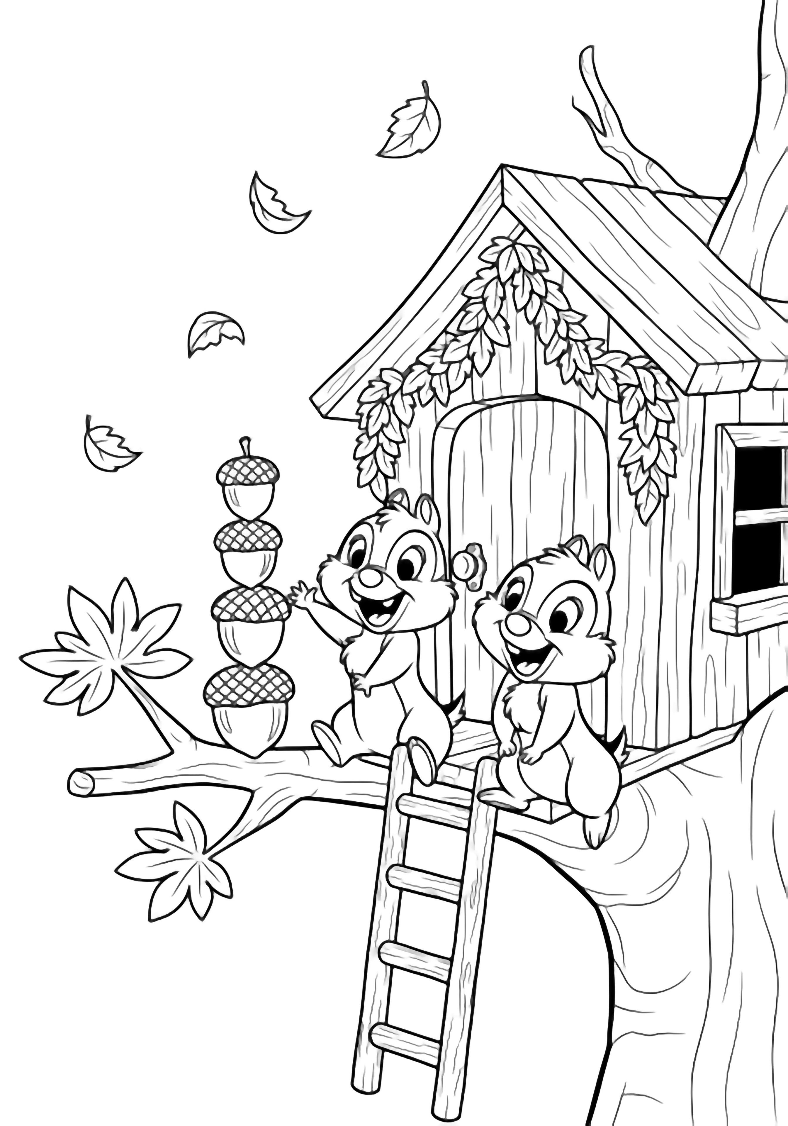 Chip and Dale cheerfully pile acorns on a branch, hanging leaf garlands above their treehouse door, with a ladder, window, and drifting leaves completing the cozy woodland scene. kleurplaat