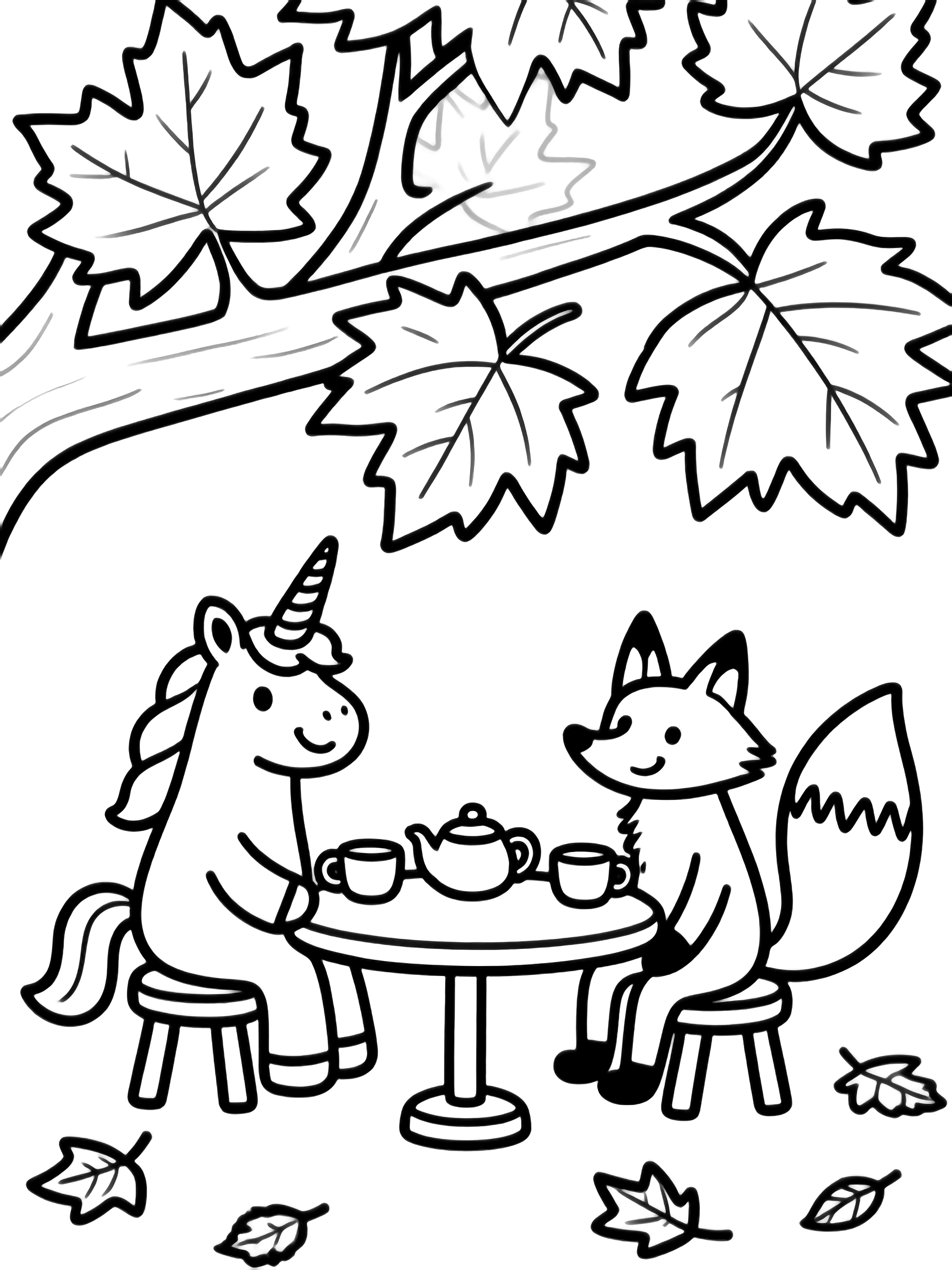 A smiling unicorn and a bushy-tailed fox share tea at a low table beneath a big maple tree, surrounded by large leaves and a few fallen ones. kleurplaat