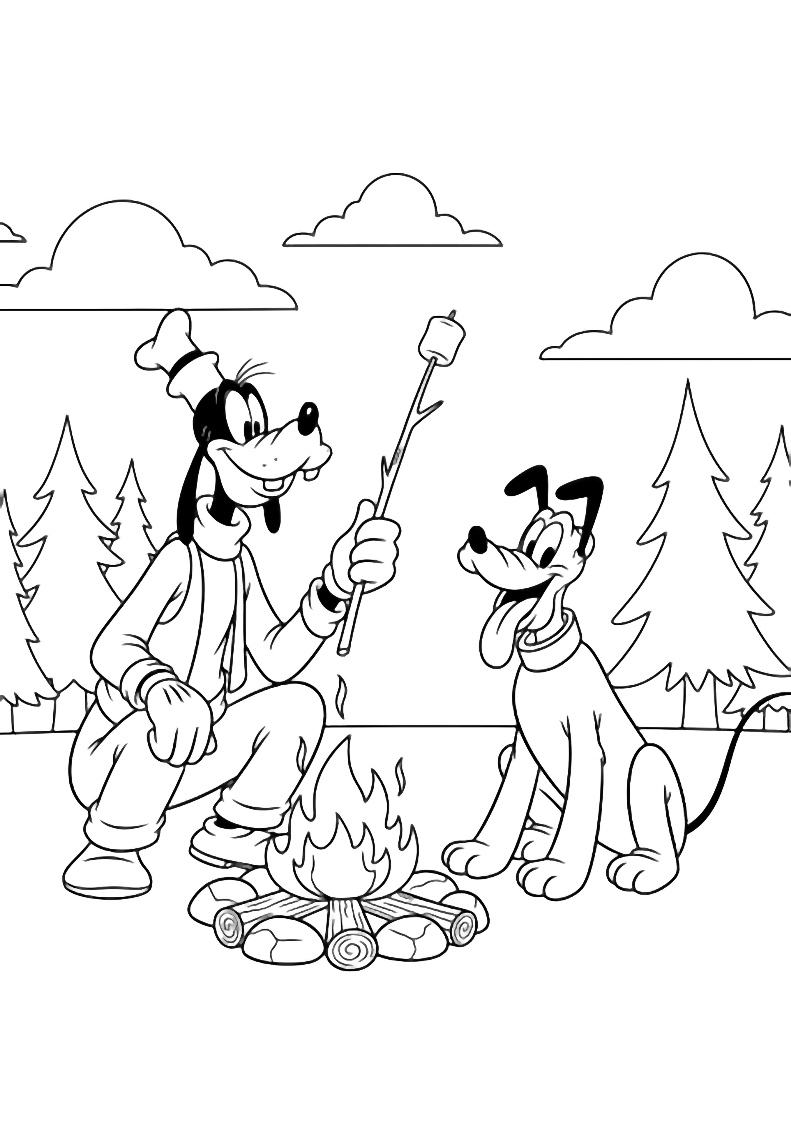 Goofy hurkt bij een kampvuur een marshmallow terwijl een vrolijke Pluto naast hem zit, omlijst door eenvoudige dennenbomen en wolken. kleurplaat