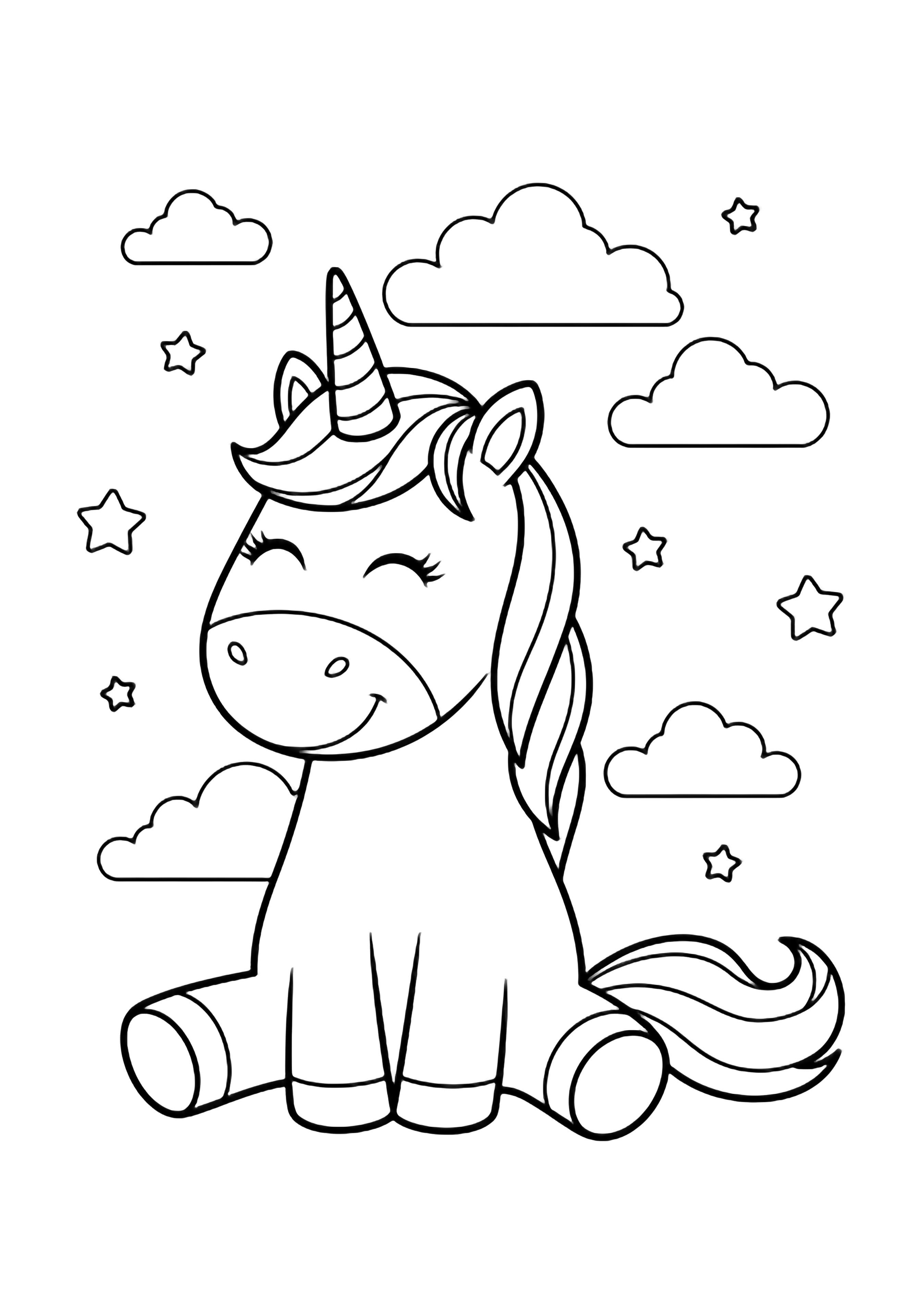 A smiling unicorn sits contentedly with eyes closed and tail curled, simple cloud and stars behind. kleurplaat