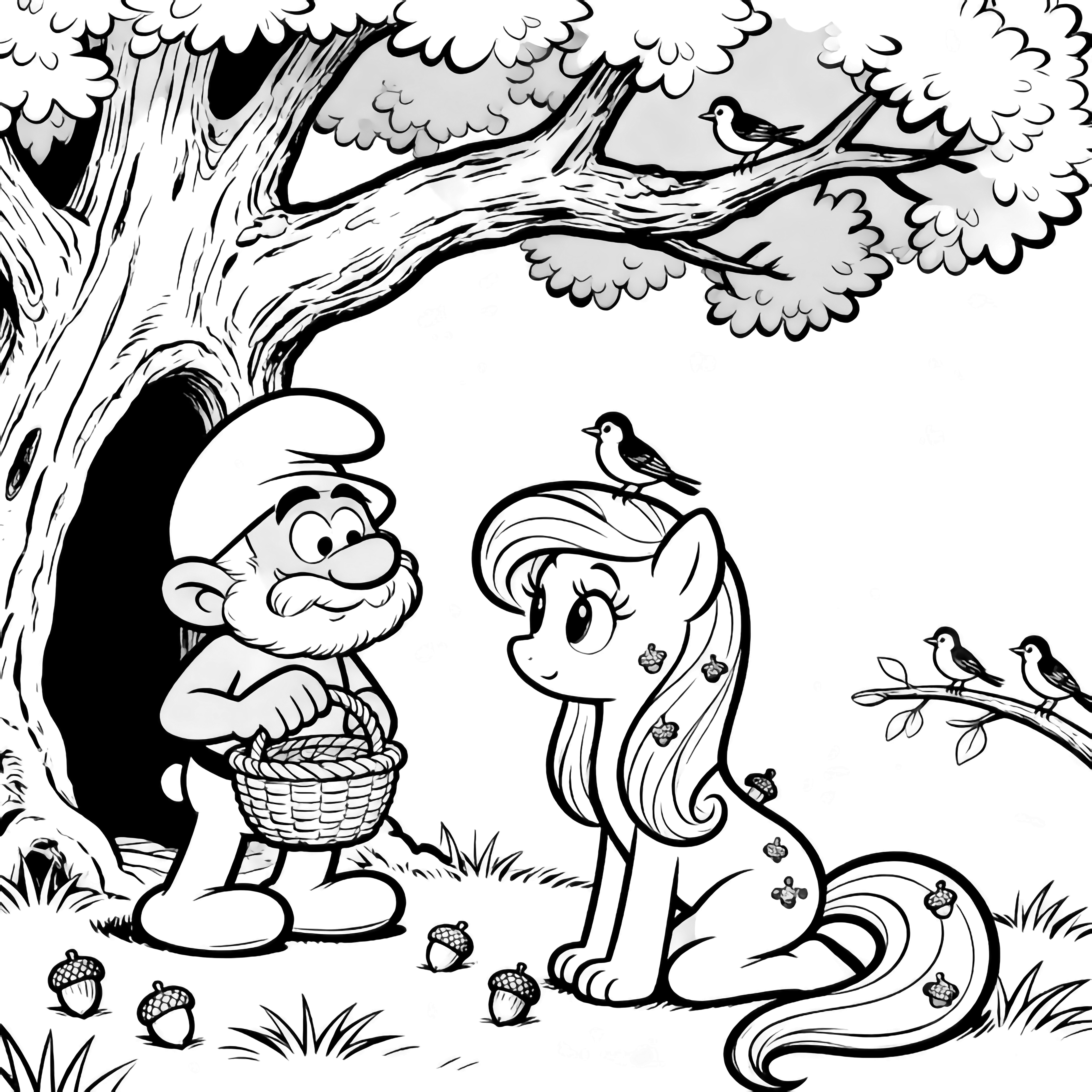 Papa Smurf stands beneath a hollow oak with a basket; Fluttershy kneels beside him, tail curled, songbirds perched in her mane, acorns scattered on the grass. kleurplaat
