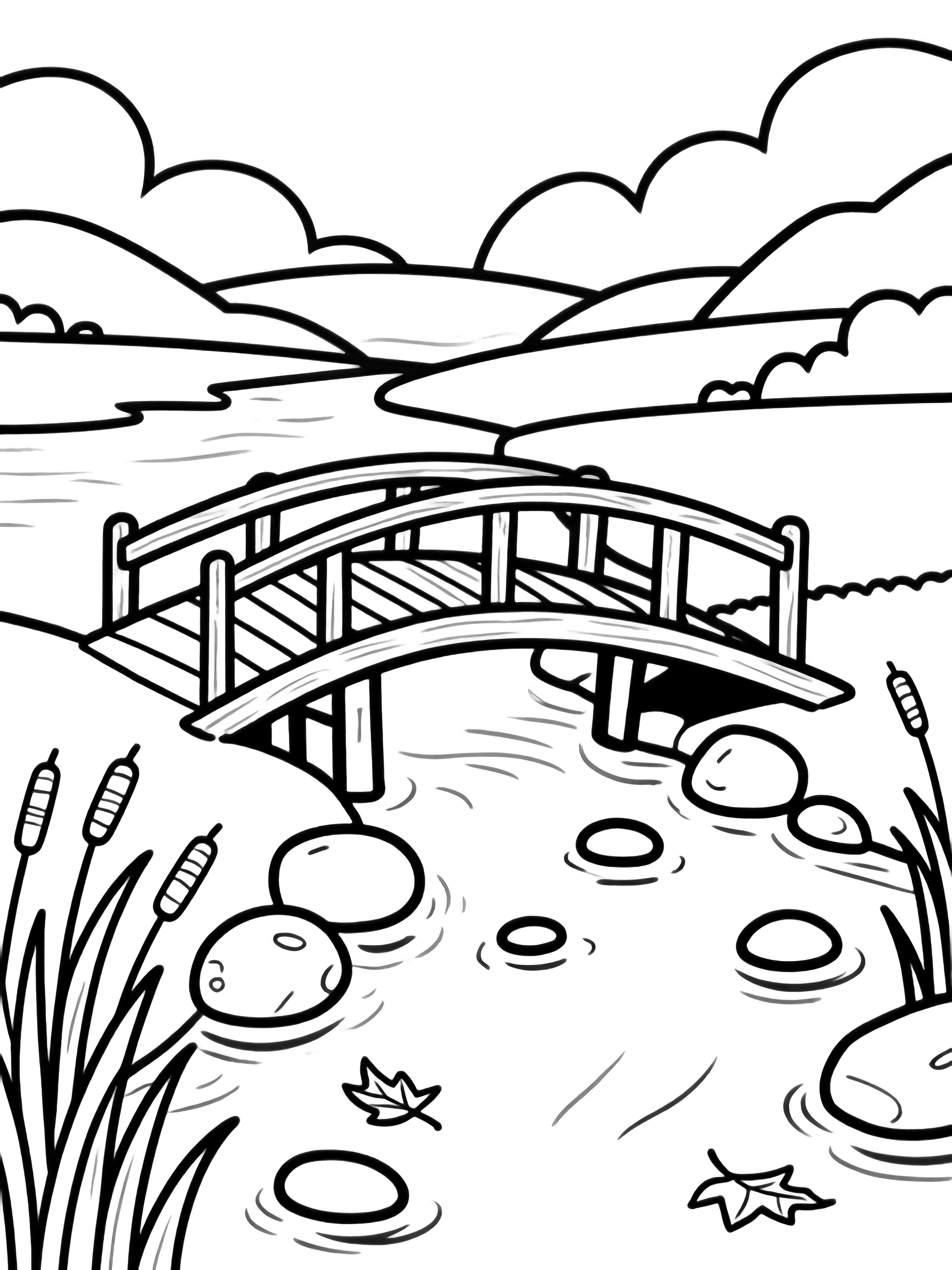 A wooden bridge with railings crosses a calm river; stones and cattails edge the banks, drifting leaves on the water, distant hills and clouds beyond. kleurplaat