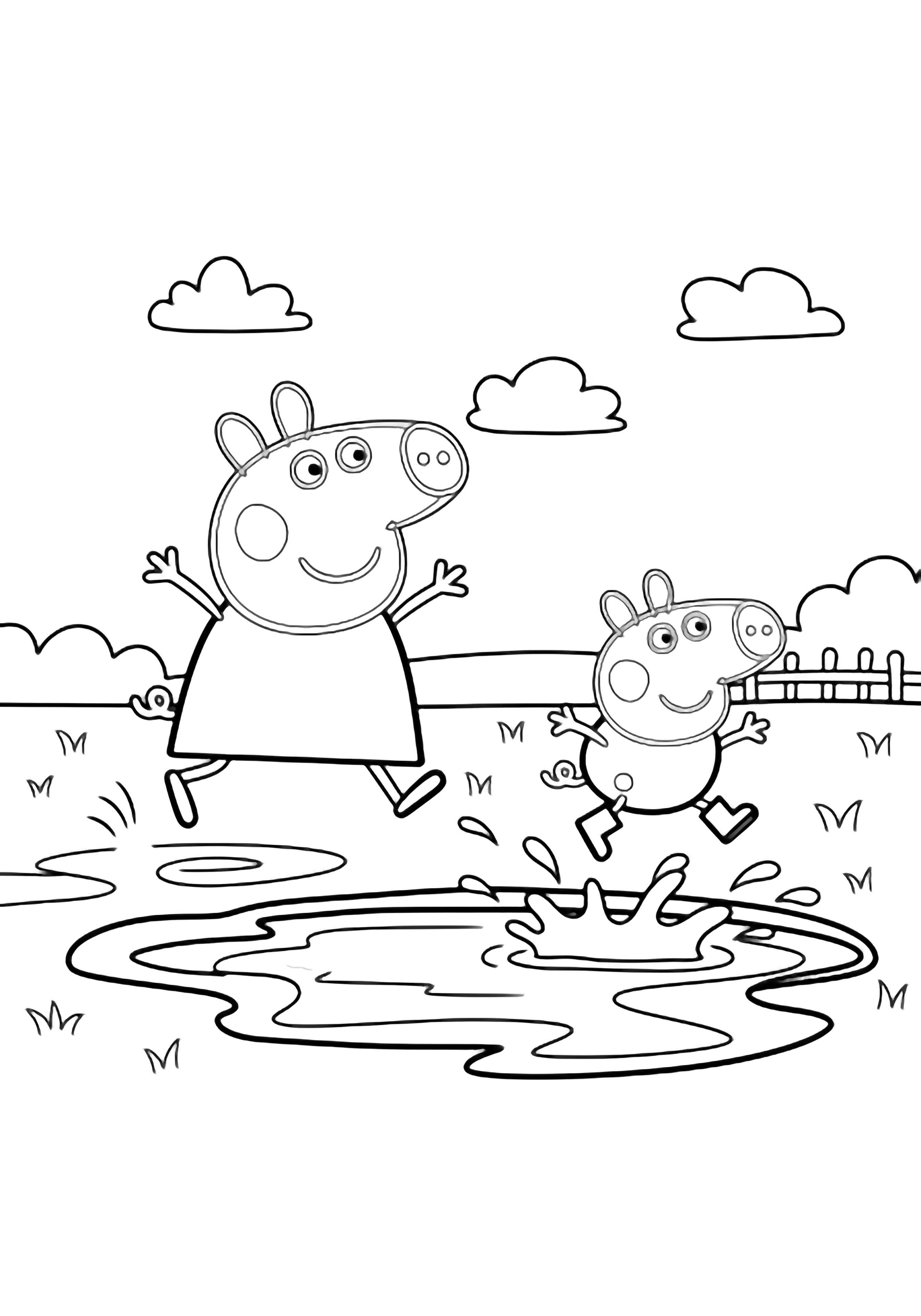 Peppa Pig leaps mid-air with arms wide over a huge puddle; George hops beside her, boots splashing droplets; simple wavy ground, distant fence, and clouds frame the scene. kleurplaat