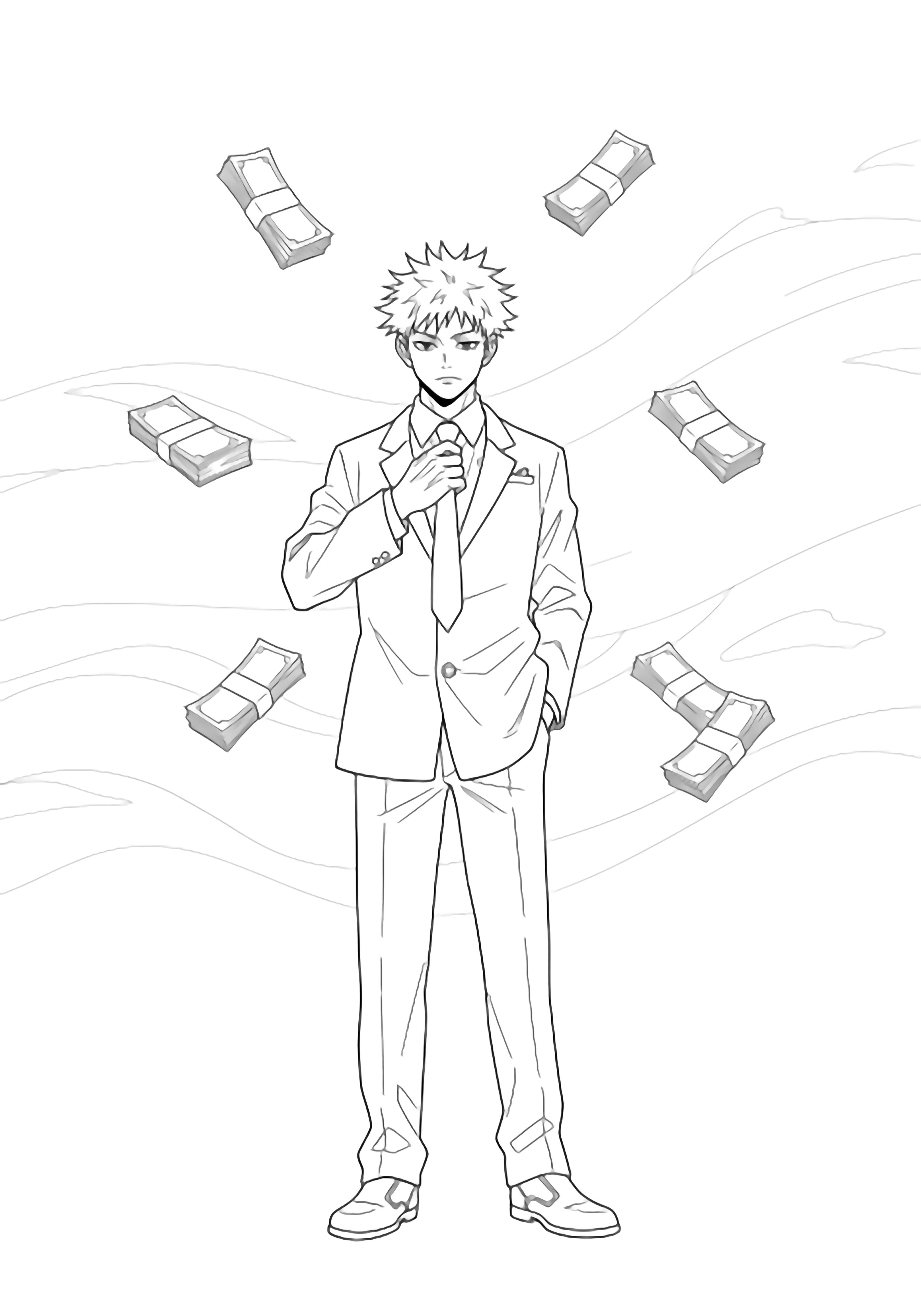 Nanami calmly adjusts his necktie while rectangular money bundles drift around him; wavy motion lines fill the background. kleurplaat