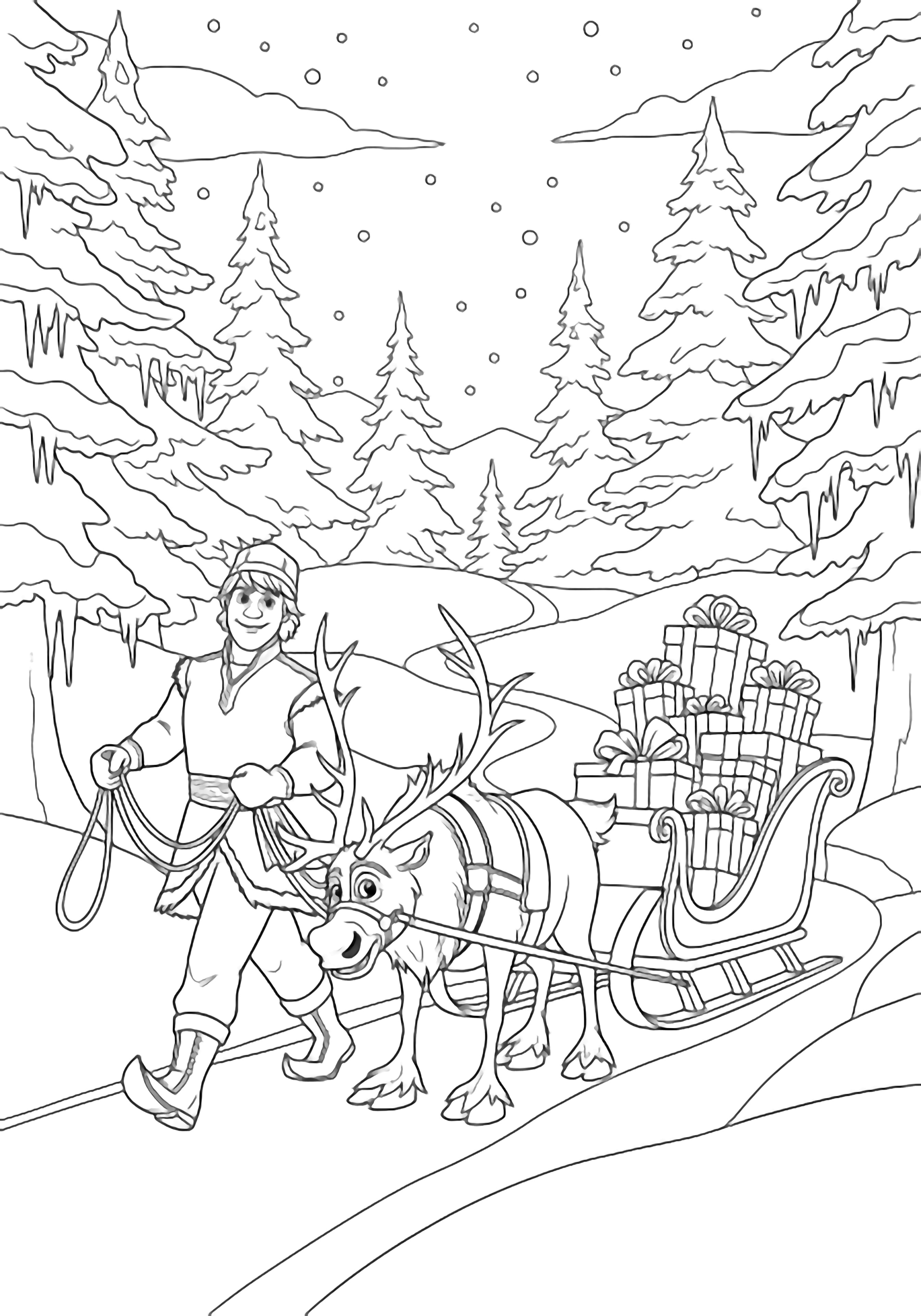 Kristoff leads Sven, pulling a sleigh piled with ribbon-tied gifts along a snowy path between towering pines under dotted falling snow. kleurplaat