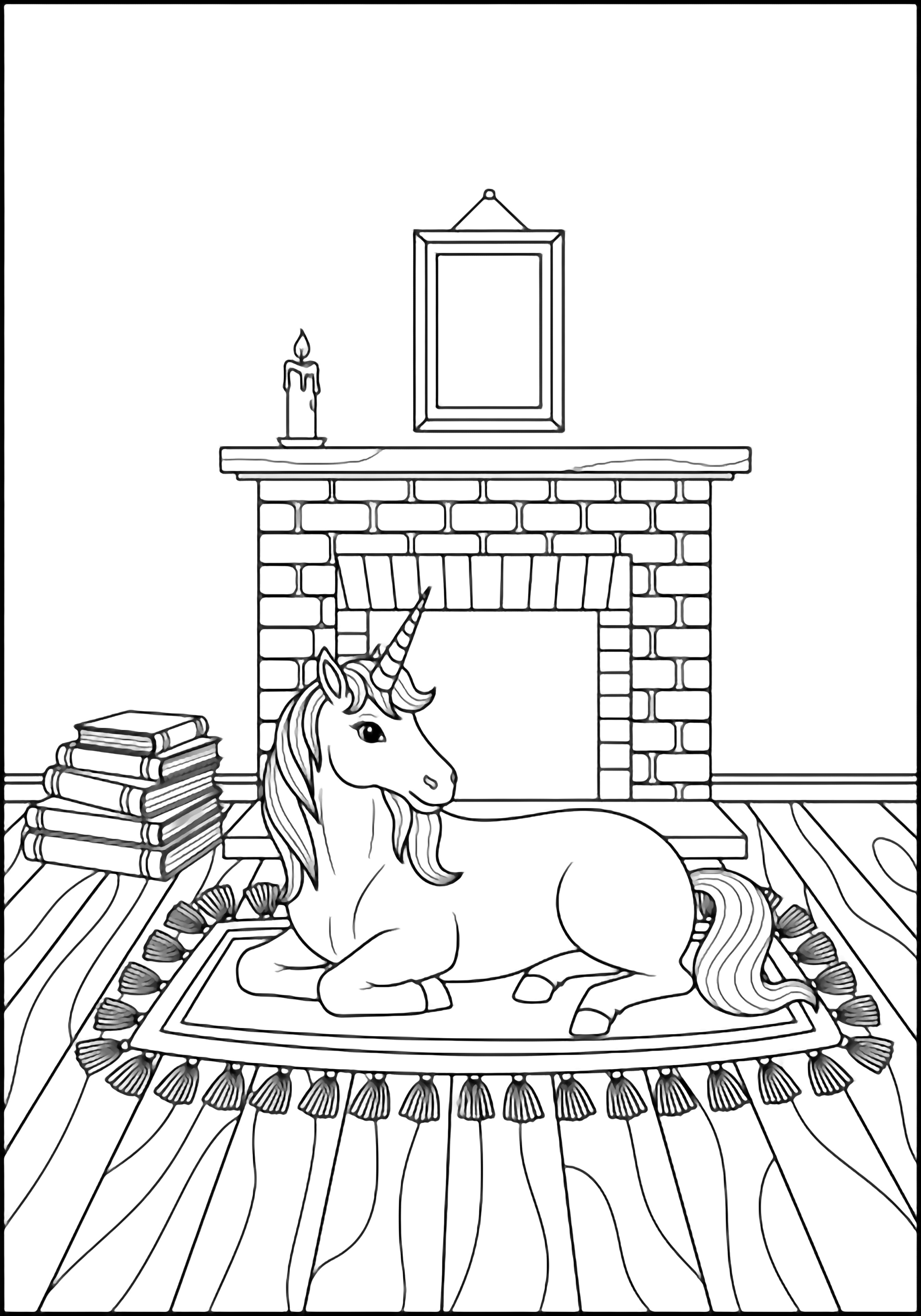 A unicorn relaxes on a tasseled rug next to a brick fireplace, with stacked books, a candle, and a framed picture on the mantel above wavy floorboards. kleurplaat