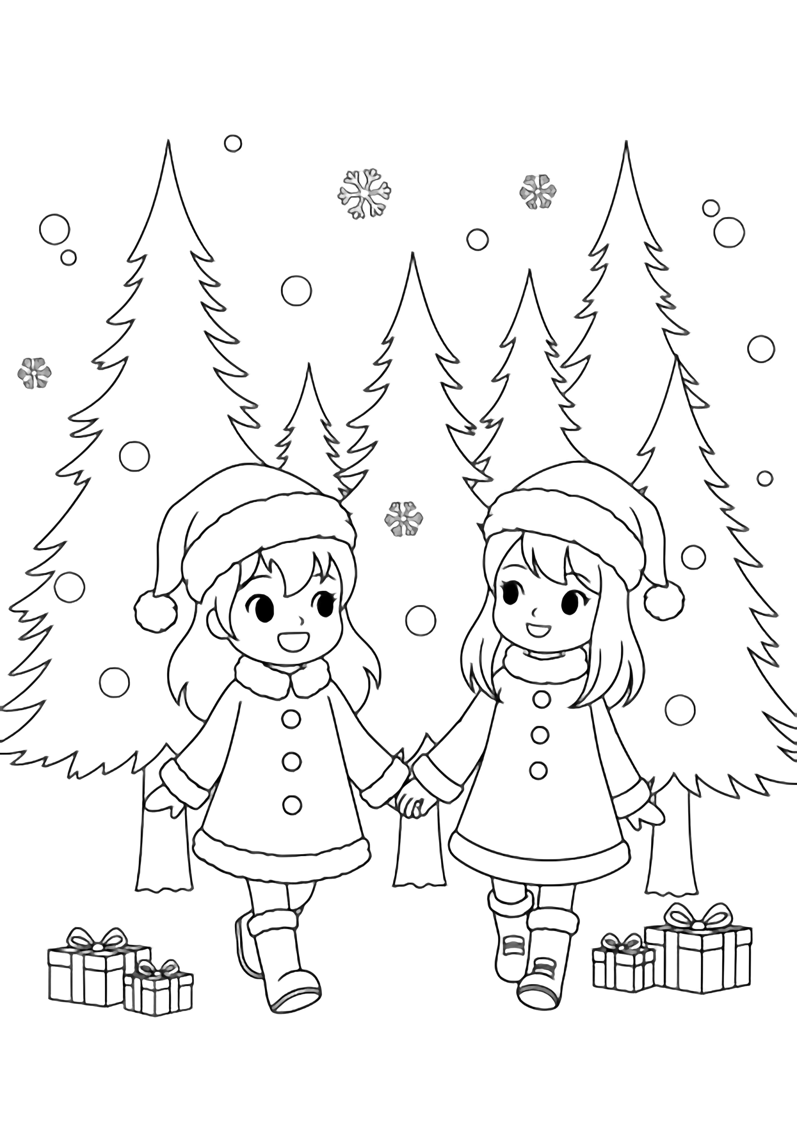 Mei and Satsuki, both in Santa hats, walk hand-in-hand through tall pines while snowflakes drift above and gift boxes rest at their feet. kleurplaat