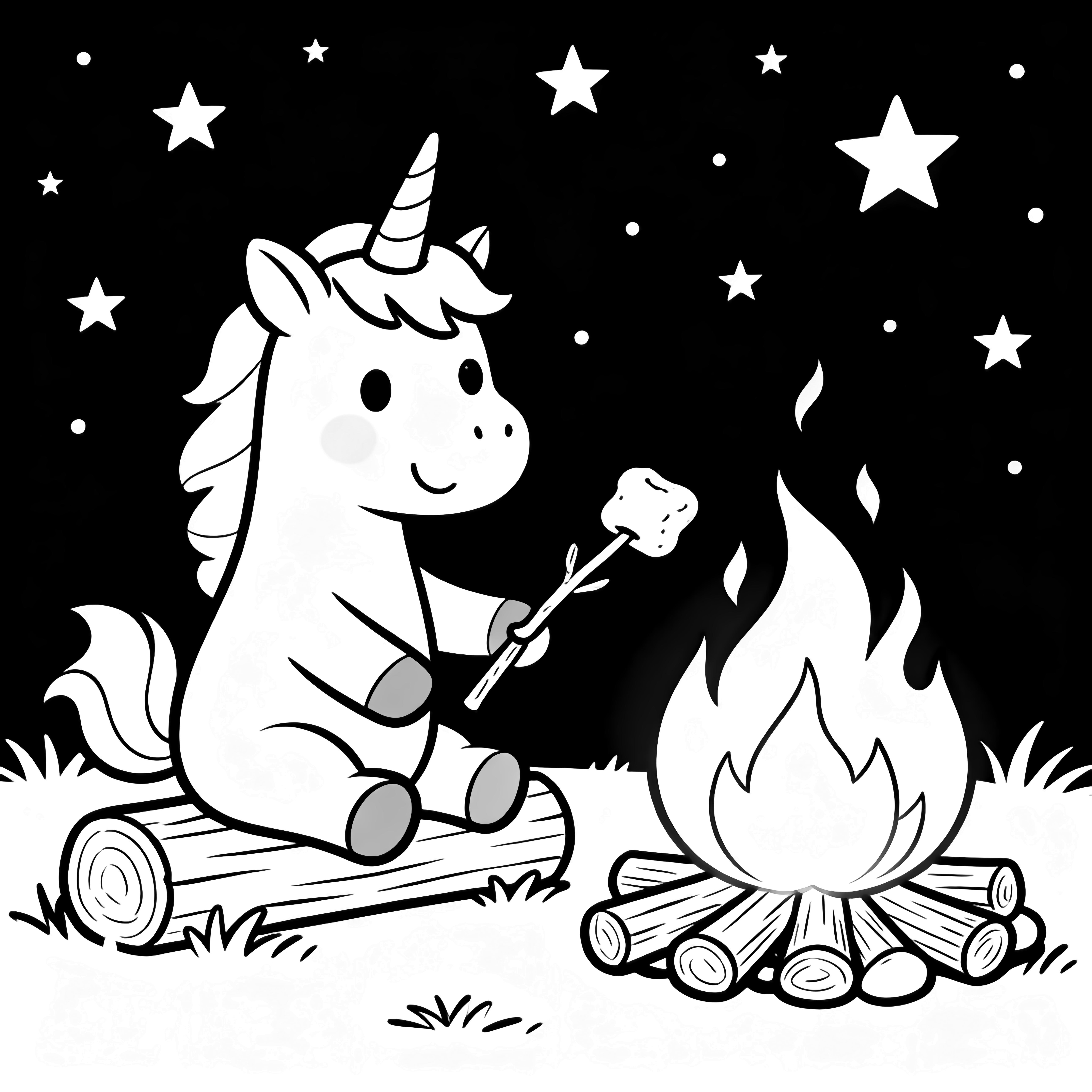 A smiling unicorn roasts a marshmallow over a campfire, seated on simple logs beneath a starry sky. kleurplaat