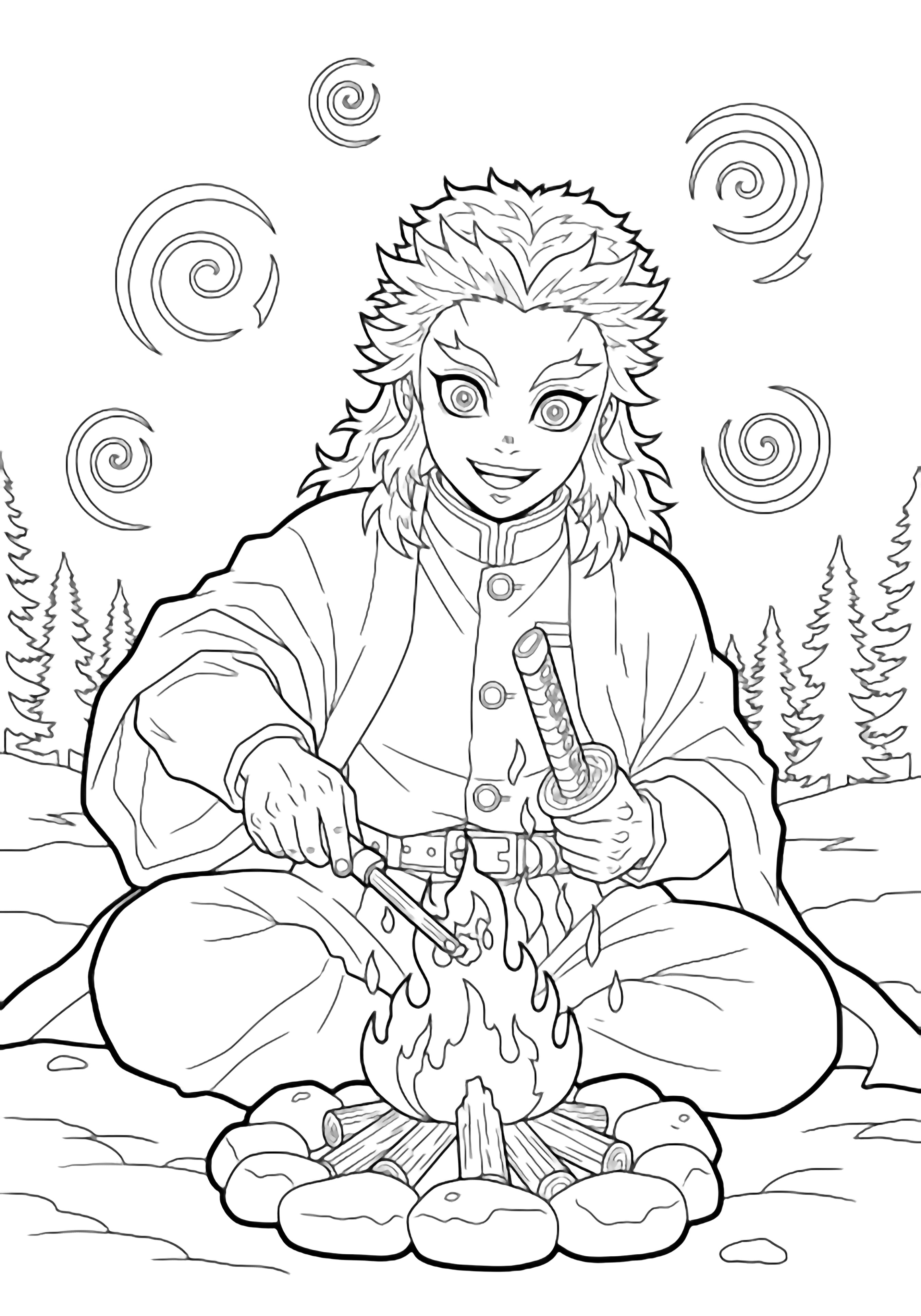 Rengoku smiles while striking flint beside a campfire amid swirling snowflakes and distant pines. kleurplaat