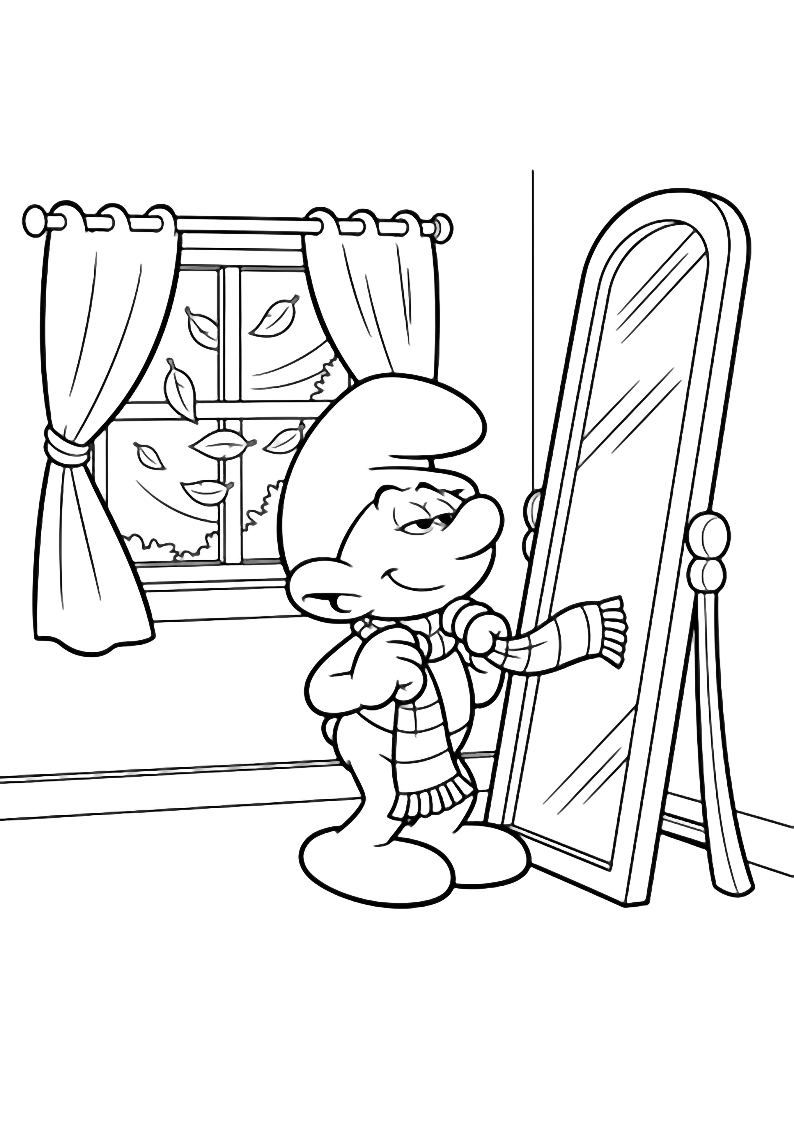 Vanity Smurf stands before an open window adjusting a striped scarf, admiring his reflection in a tall mirror while curtains flutter and leaves drift past outside. kleurplaat