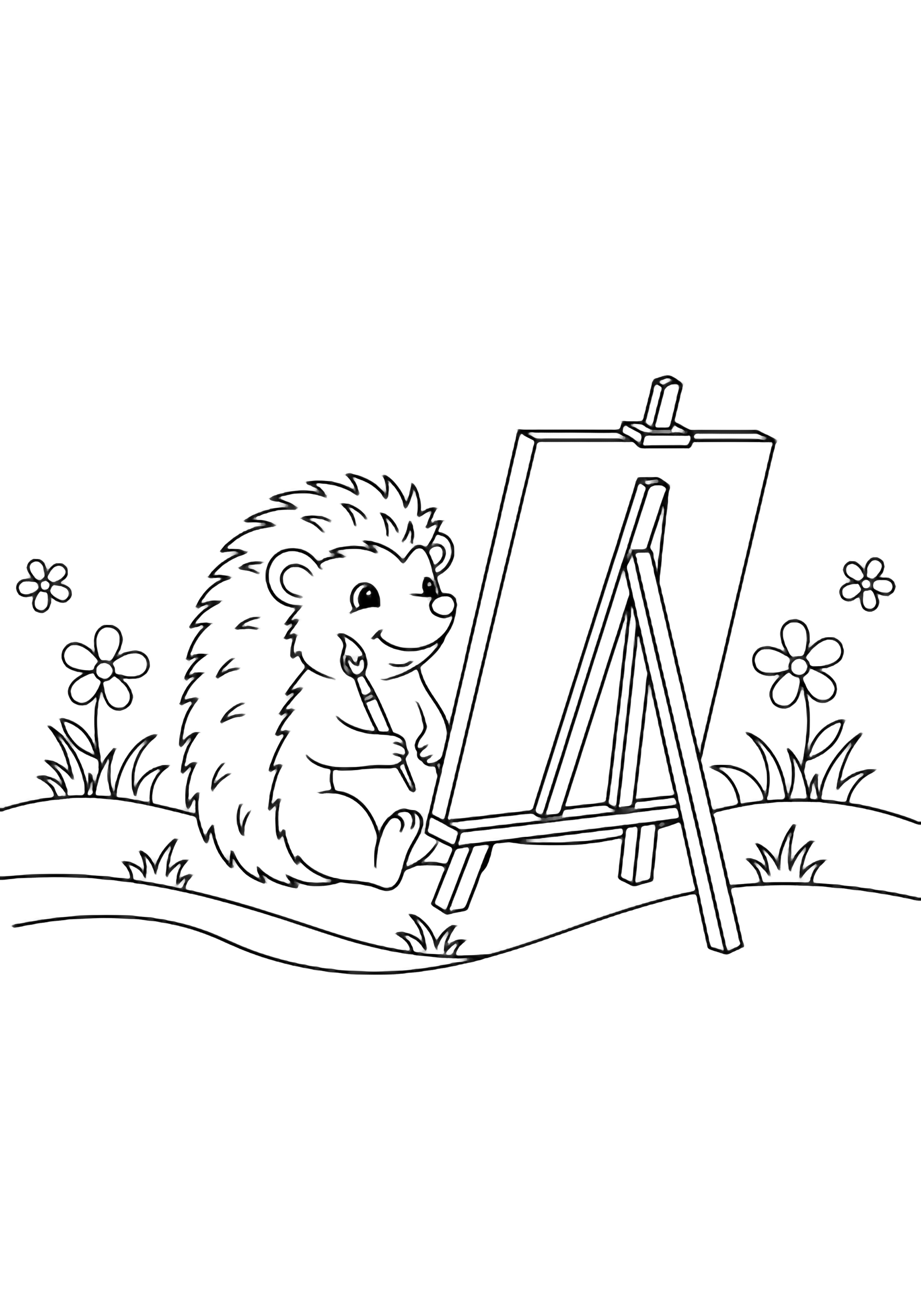 A cheerful hedgehog with a brush tied to its paw paints on a canvas, tiny easel on grass, two flowers nearby. kleurplaat