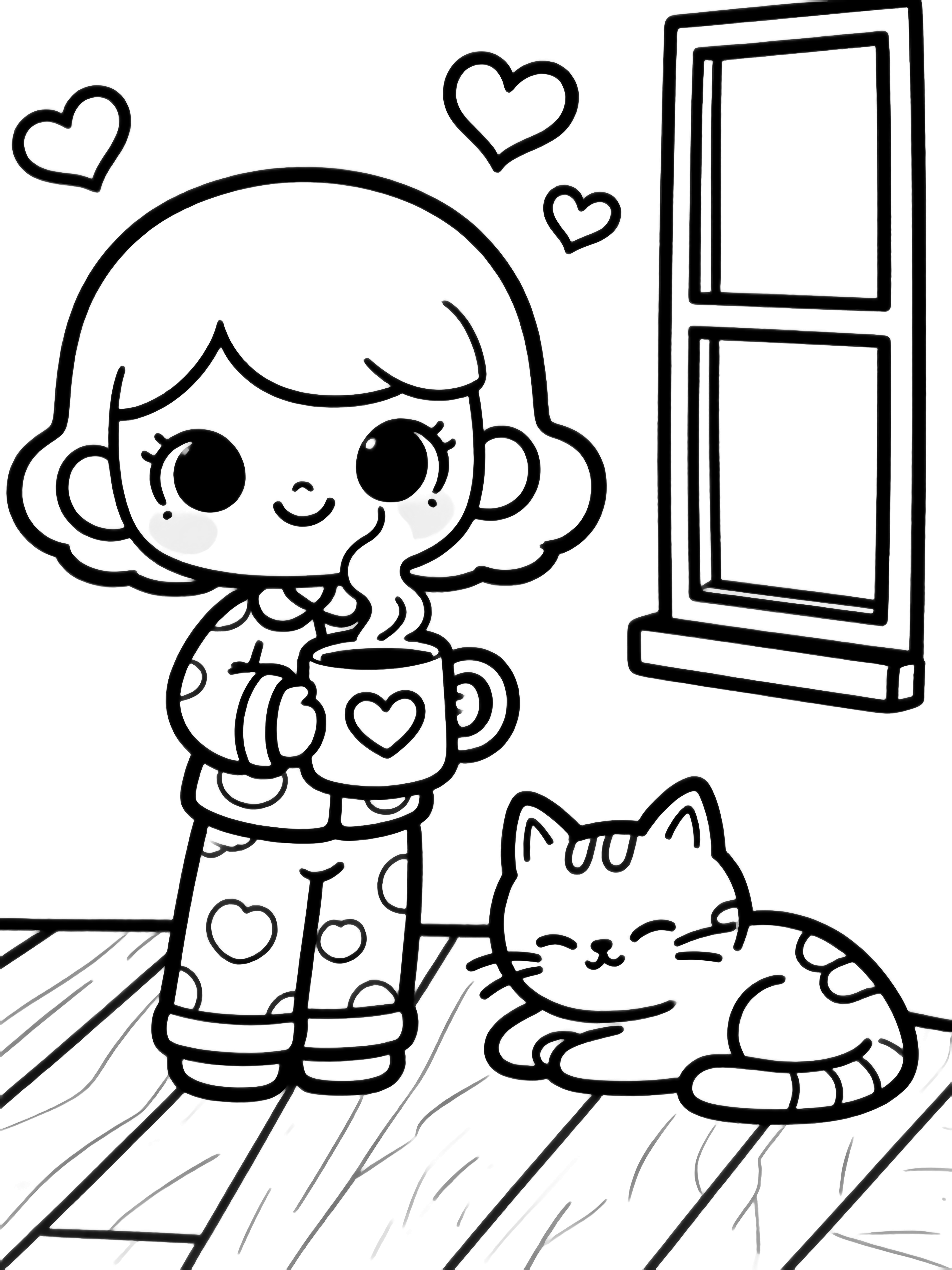 Chibi Sugar LOL doll in puffy pajamas smiles holding a heart-steam mug beside a curled cat, floorboards, window, floating hearts. kleurplaat