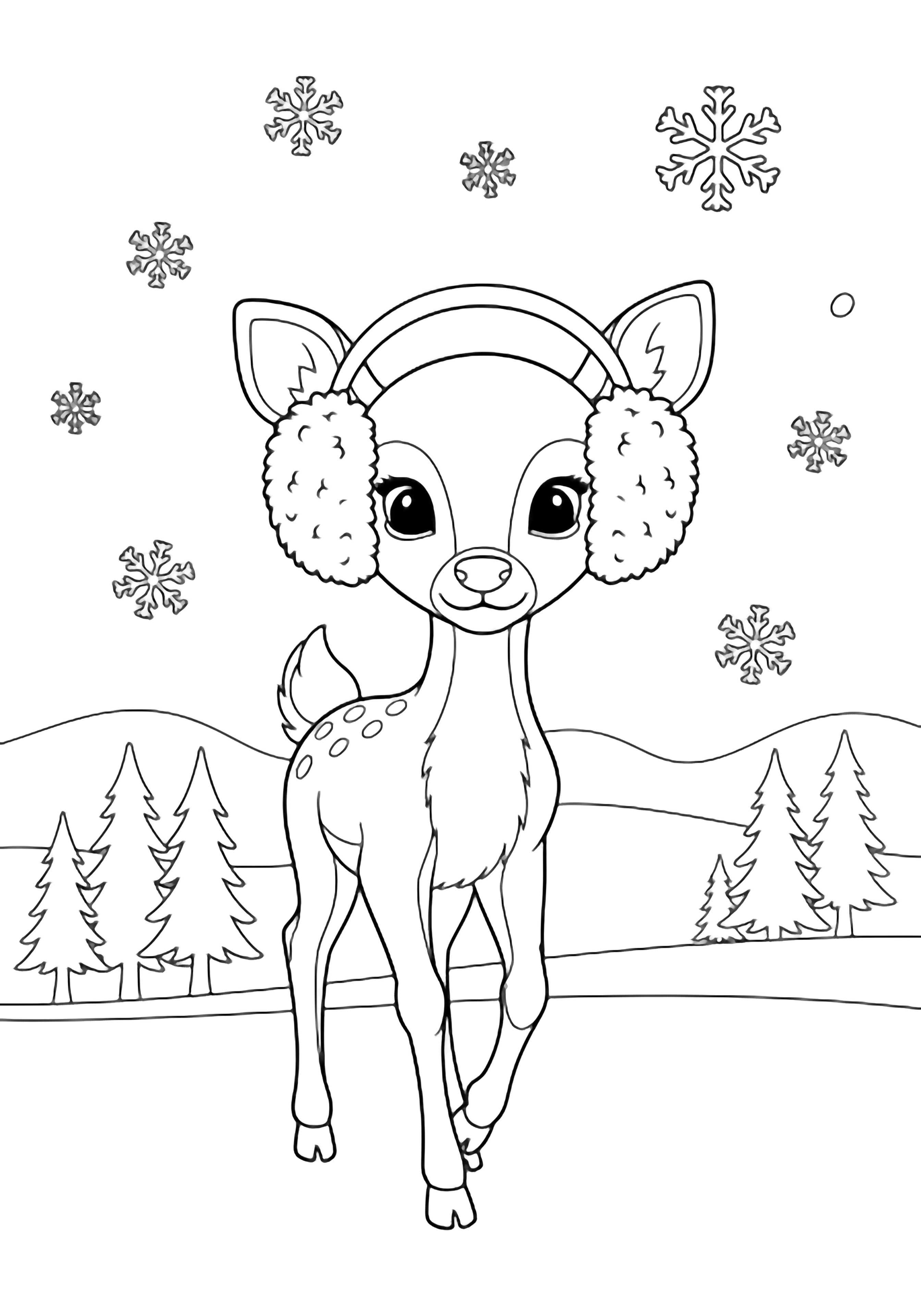 A young deer with earmuffs walks among drifting snowflakes, backed by simple evergreens and a wavy horizon line. kleurplaat