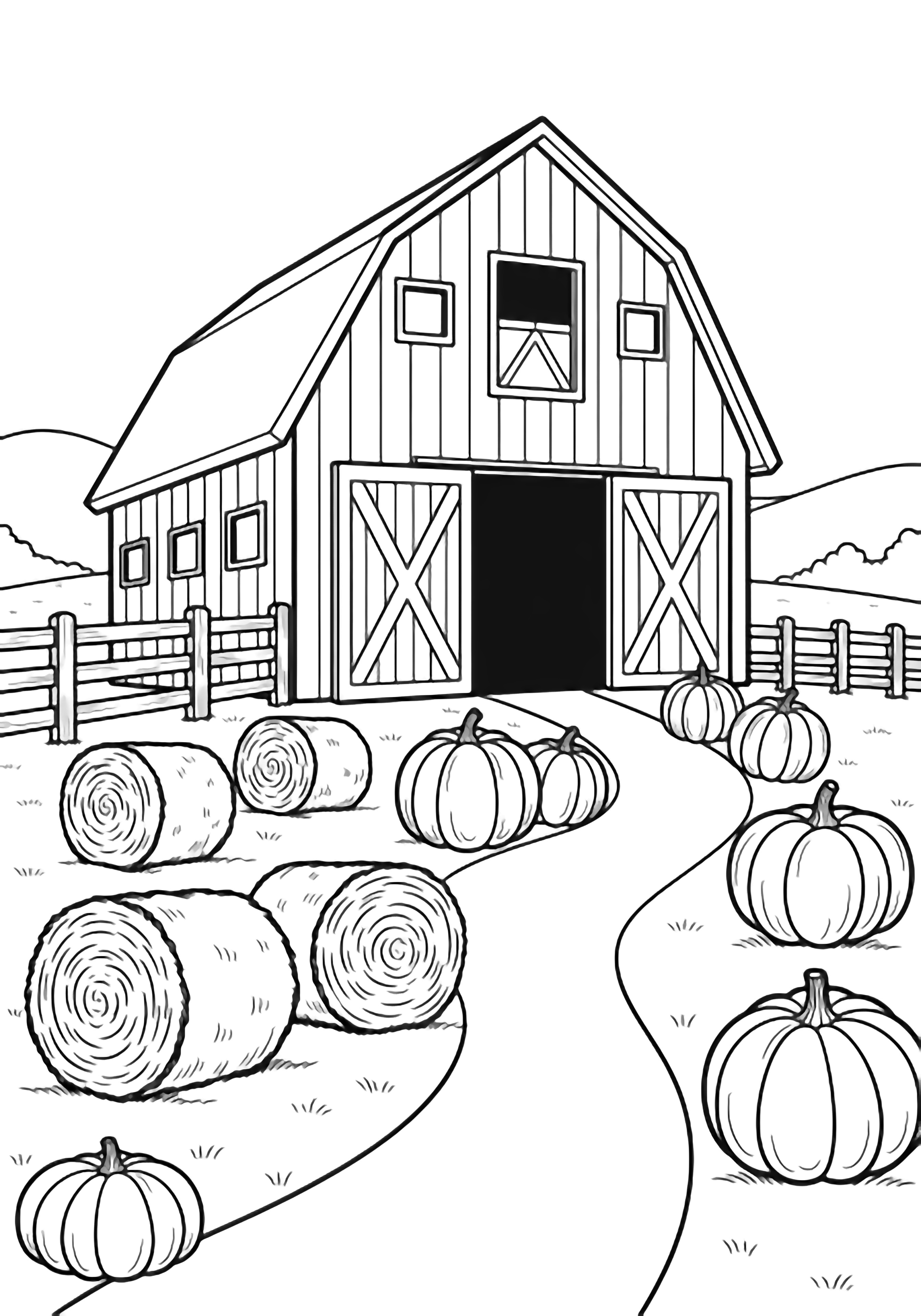 A big barn with open doors, round hay bales, pumpkins along a curving path, simple fence, rolling hills behind. kleurplaat