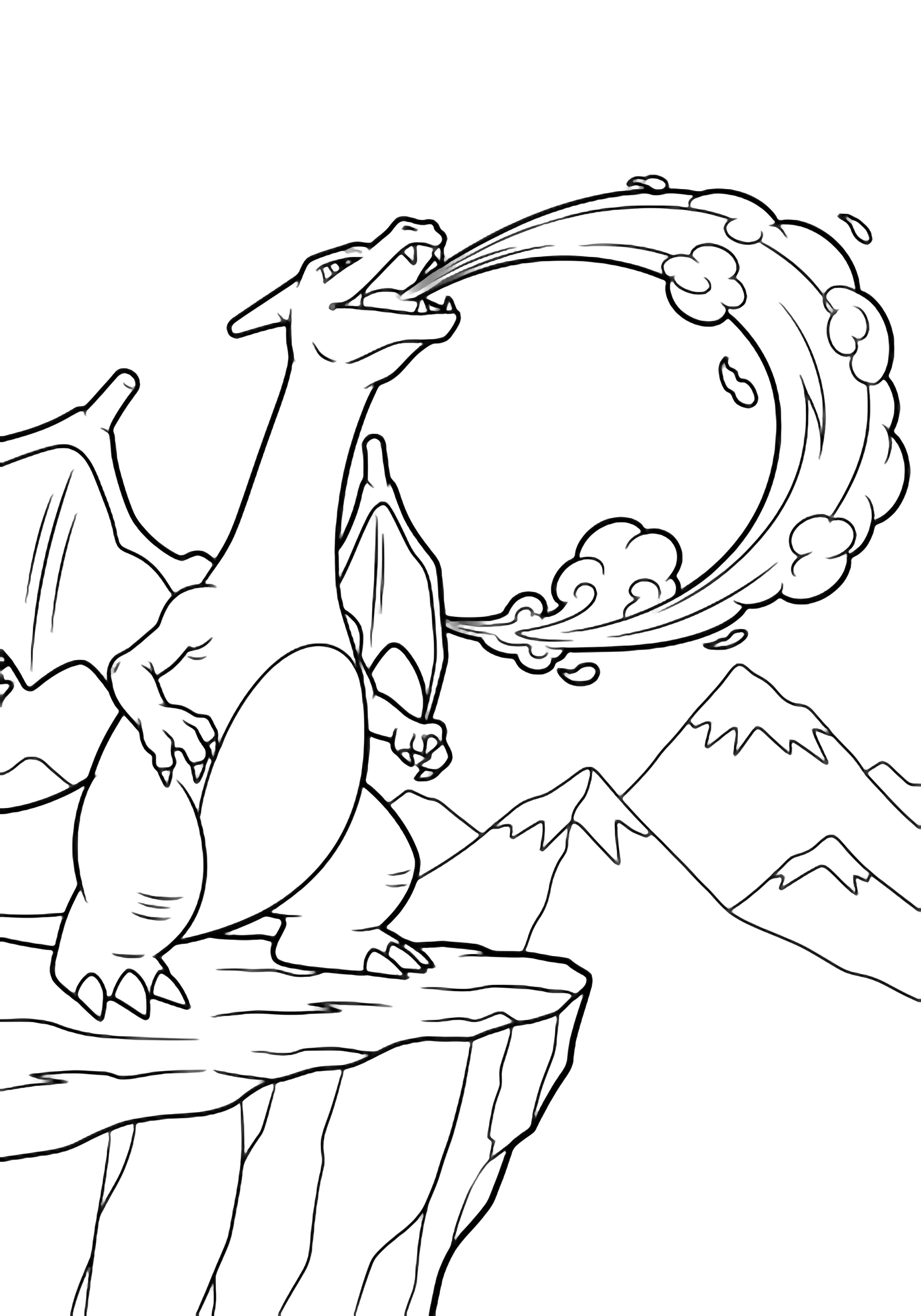 Charizard op een rotsachtige richel, nek gebogen, die een krommende vlam uitblaast die in wervelende rook verandert; eenvoudige bergen op de achtergrond. kleurplaat