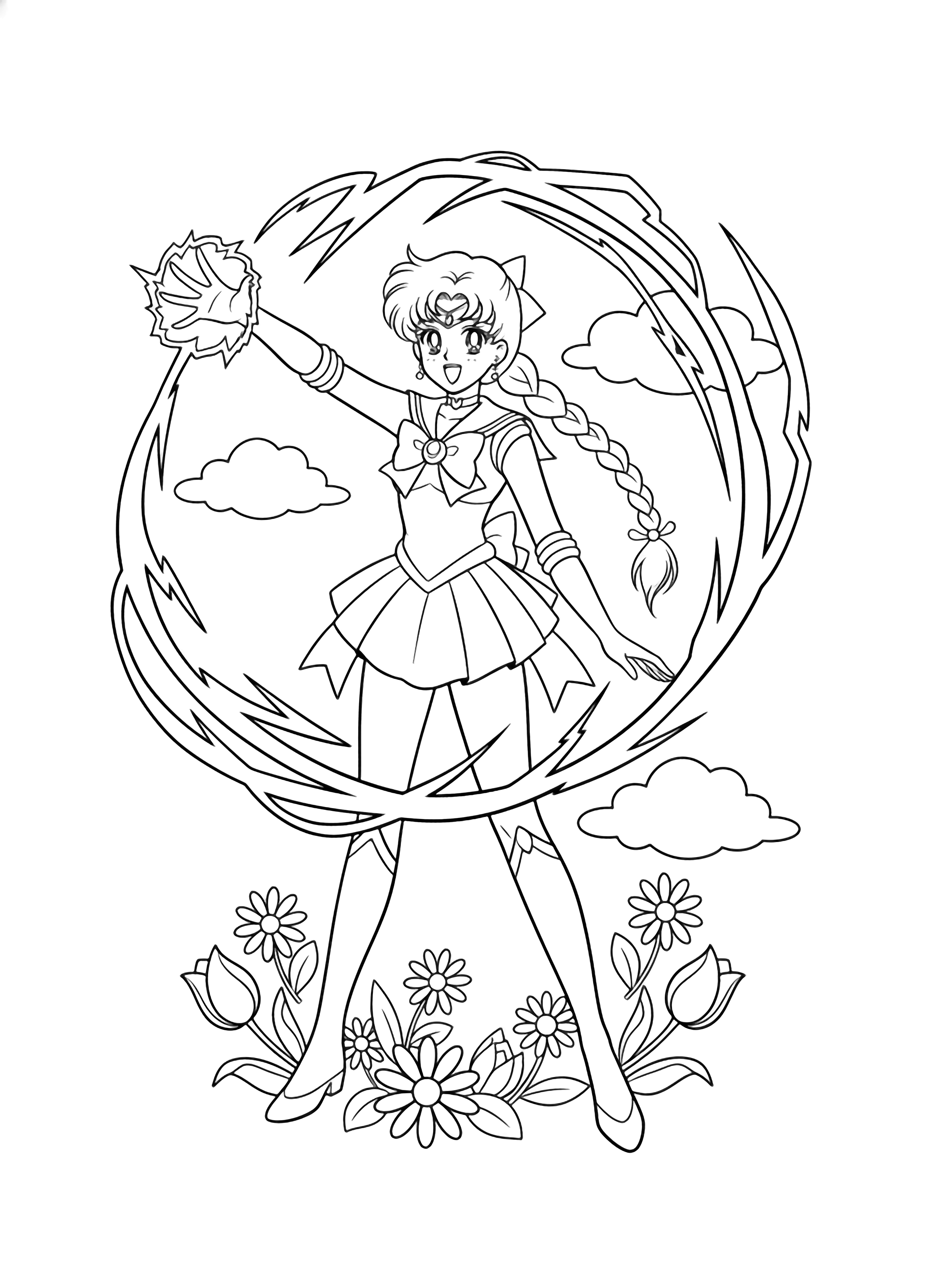 Sailor Jupiter smiling as she flings a looping lightning bolt, framed by daisies, tulips, and soft clouds. kleurplaat