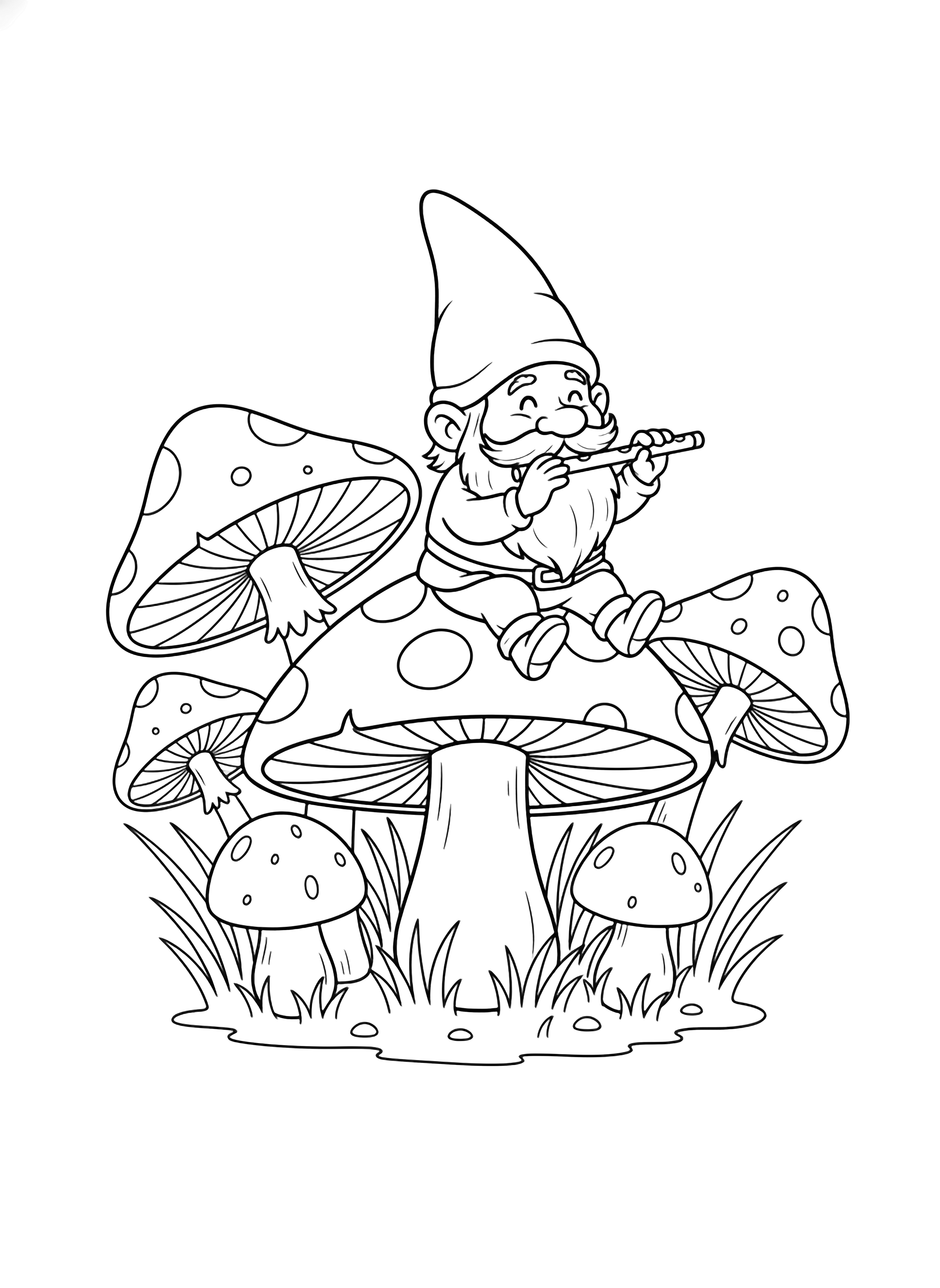 A cheerful gnome sits on a big toadstool, legs swinging, playing a flute; giant mushrooms and grass blades surround him. kleurplaat