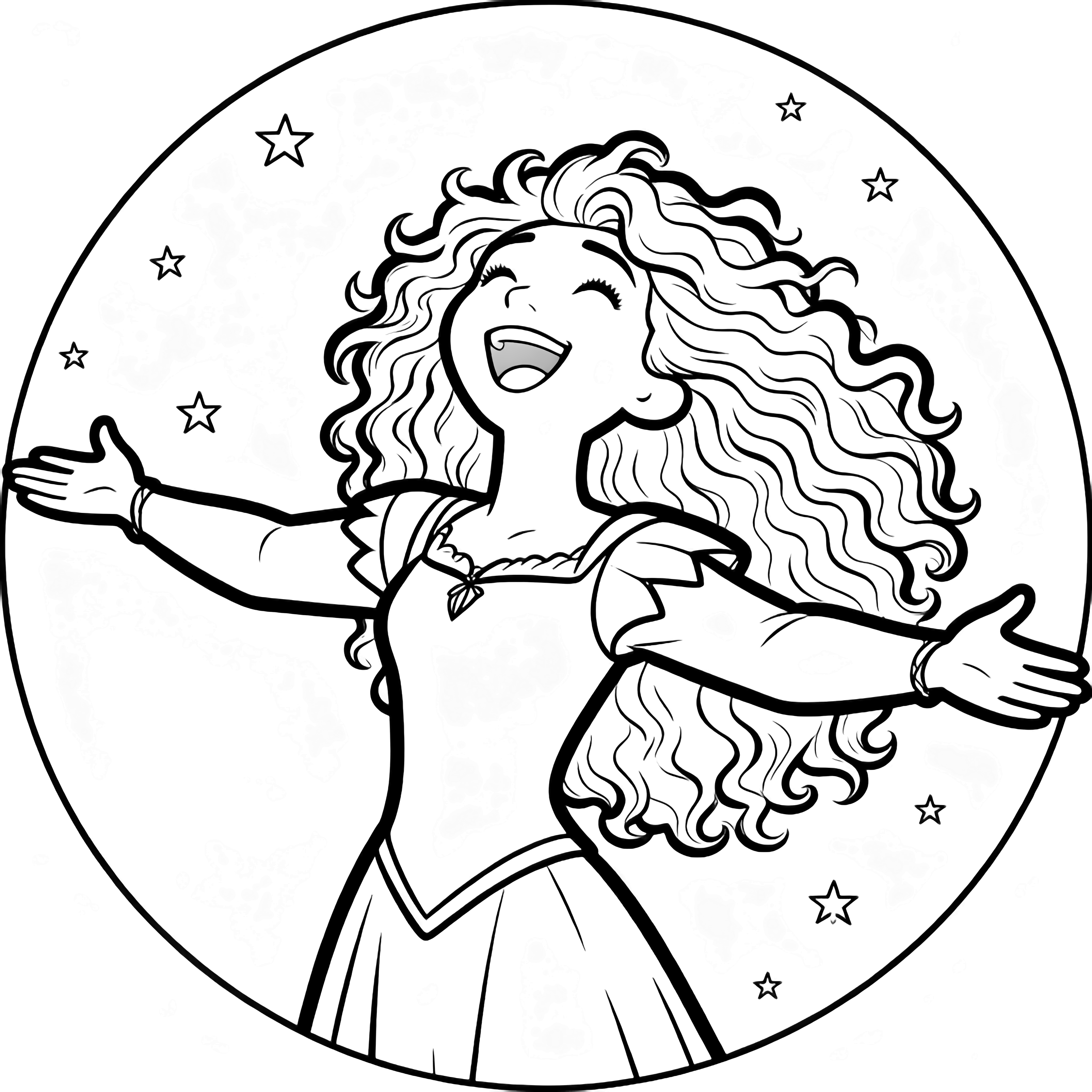 Merida laughing with arms wide, curly hair flying, framed by a simple forest ring and tiny stars. kleurplaat