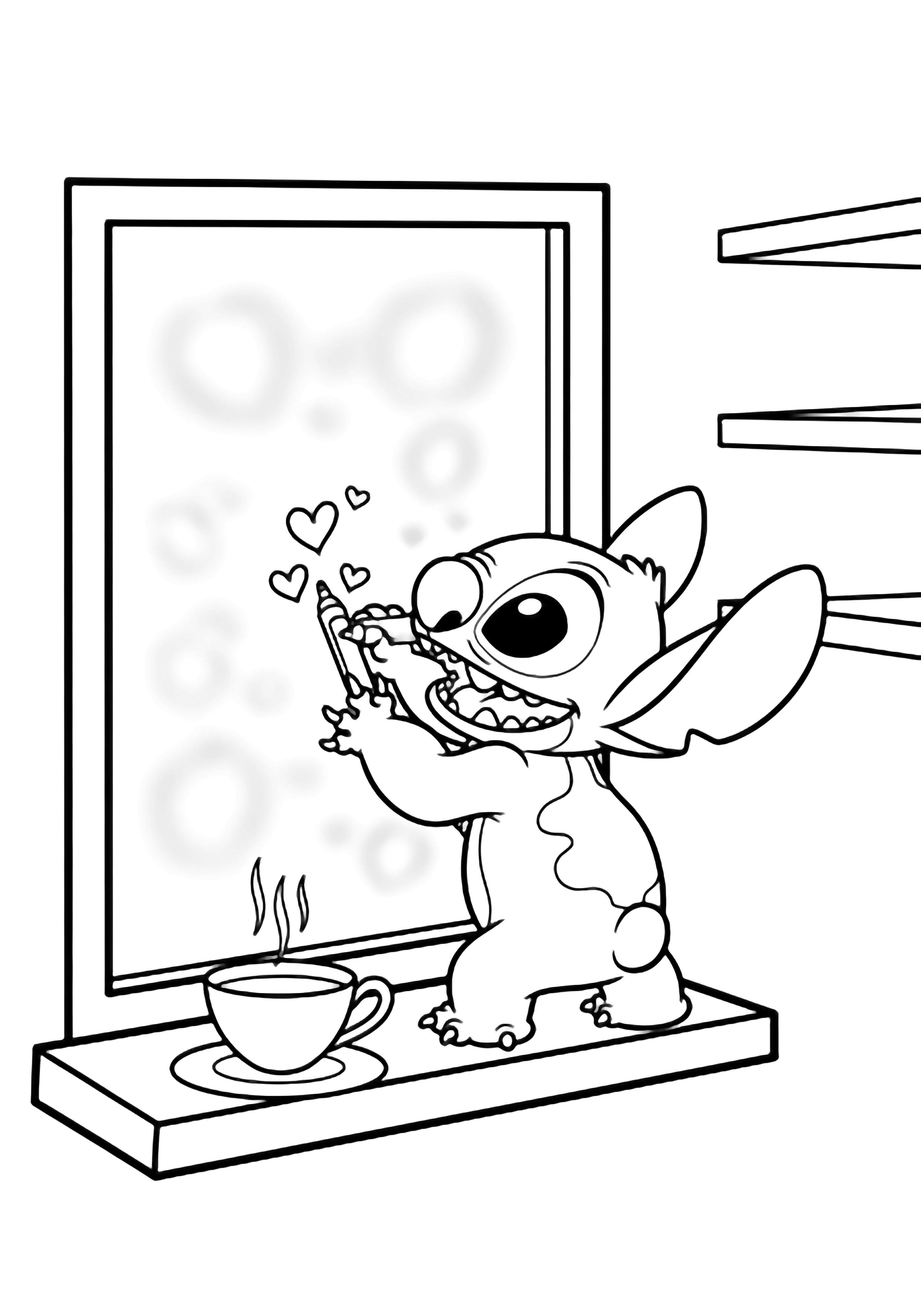 Stitch stands on a window sill, happily drawing little hearts on the fogged glass while a steaming teacup rests nearby. kleurplaat