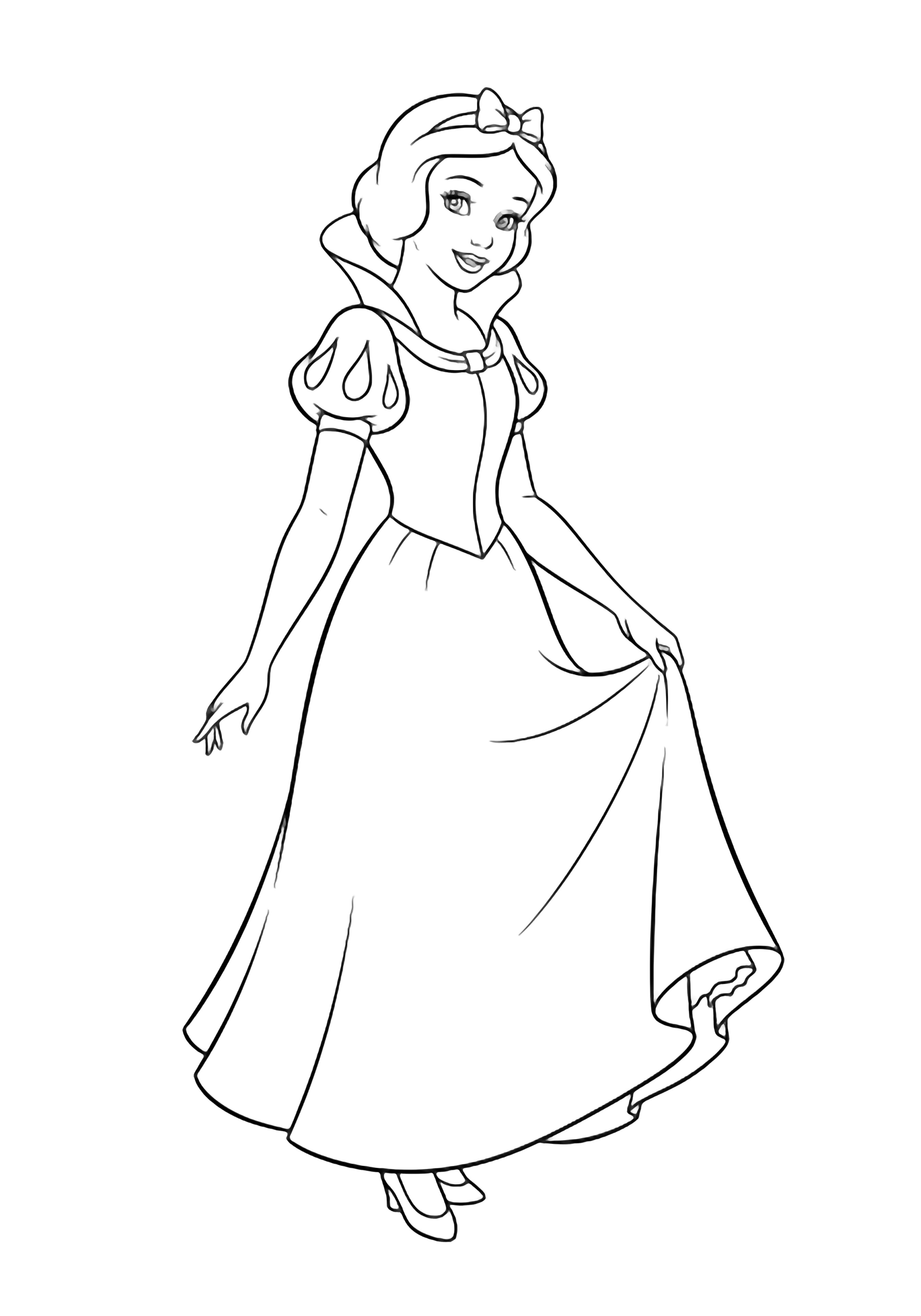 Snow White lifts her long dress hem, hair bow and collar outlined, skirt flowing. kleurplaat
