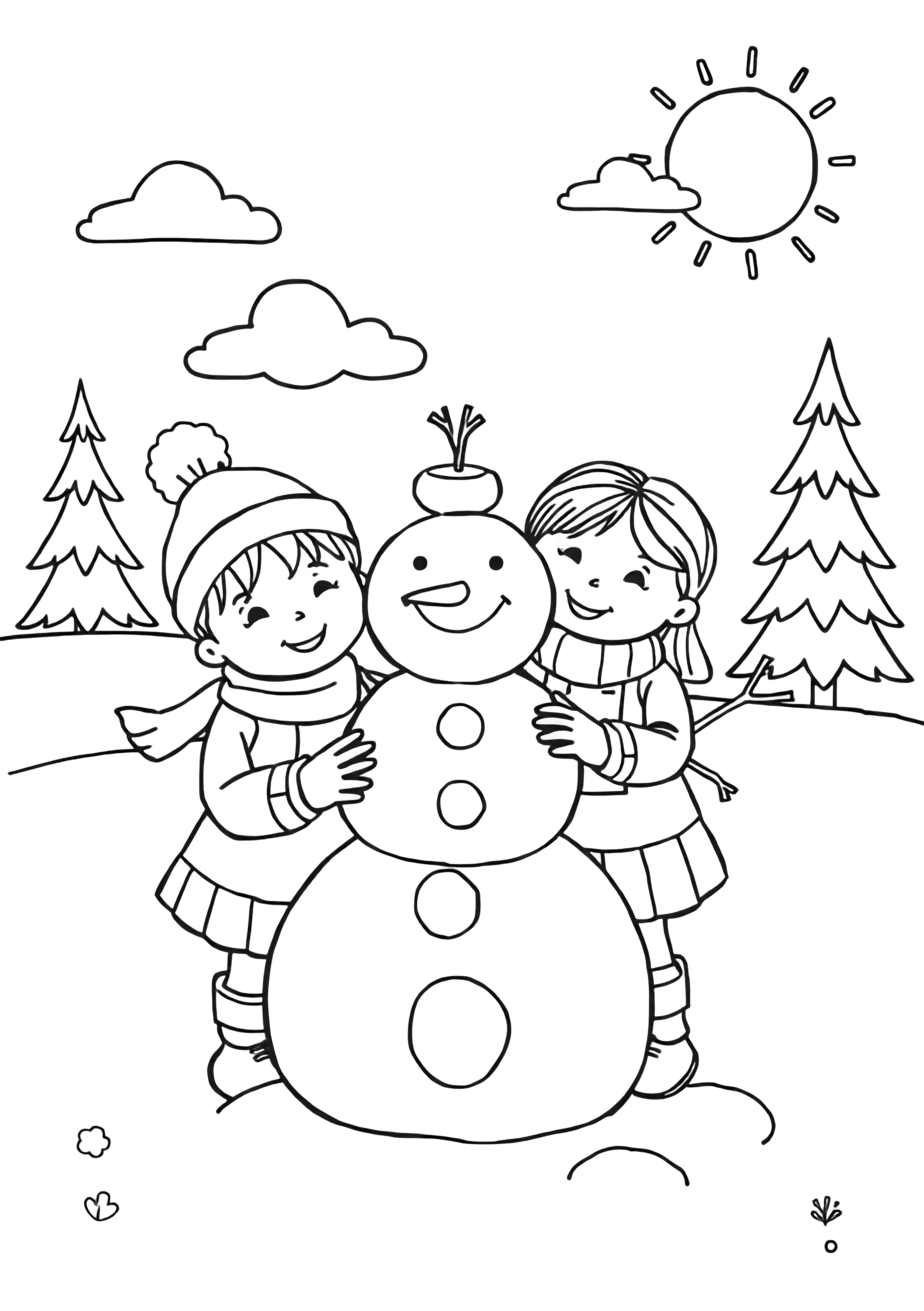 illustration on a pure Two smiling sisters build a lumpy snowman in a snowy field; one stacks round snowballs the other adds stick arms; simple pine trees drifting clouds and a smiling sun frame the scene; everything is outlined in bold smooth closed black lines on white clean black pure NO fills NO grayscale NO shading NO cross hatching NO solid areas kleurplaat