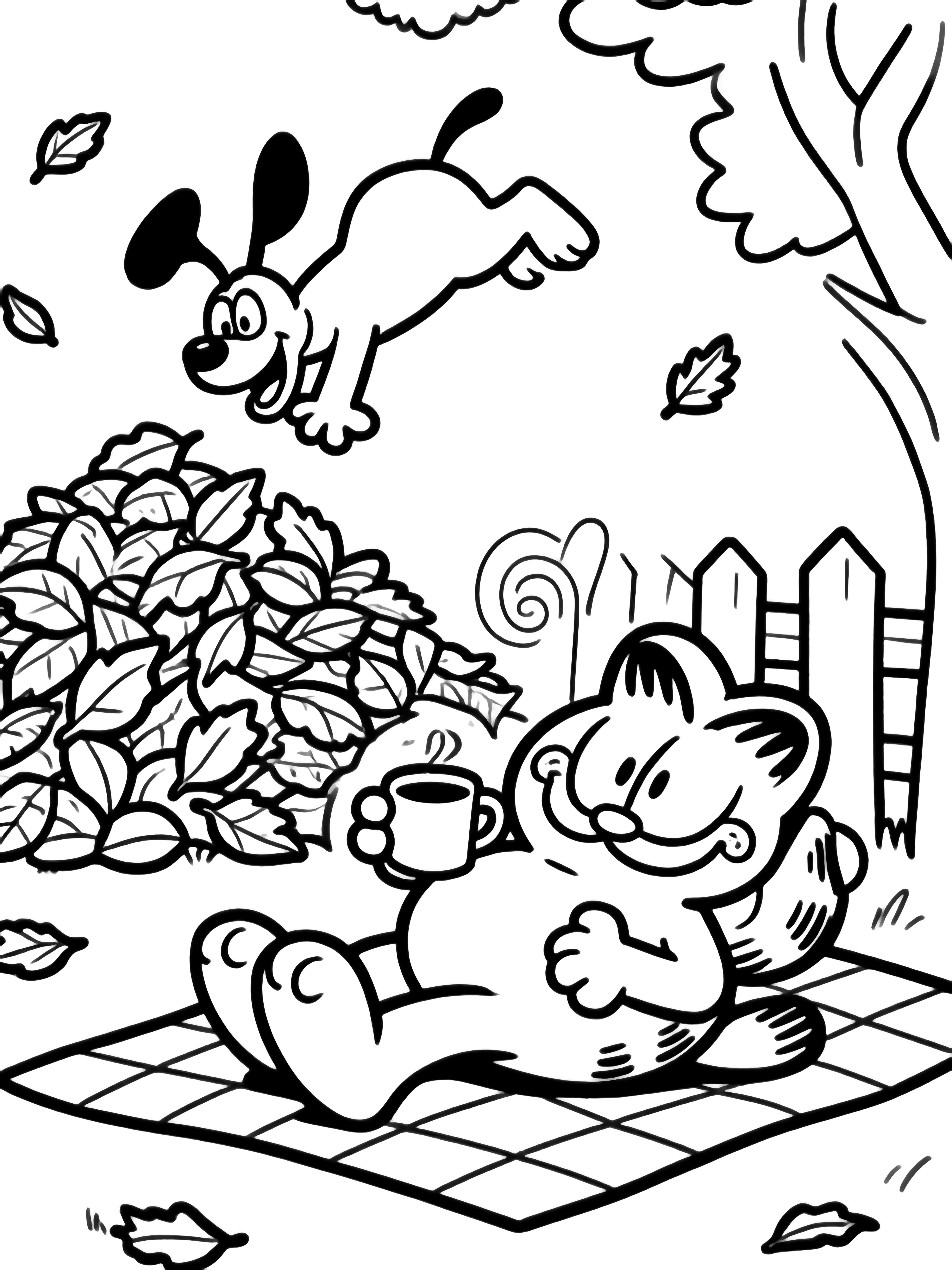 Garfield reclines on a picnic blanket, mug in paw, as airborne Odie plunges into a big leaf pile; a fence and swirling leaves surround them. kleurplaat