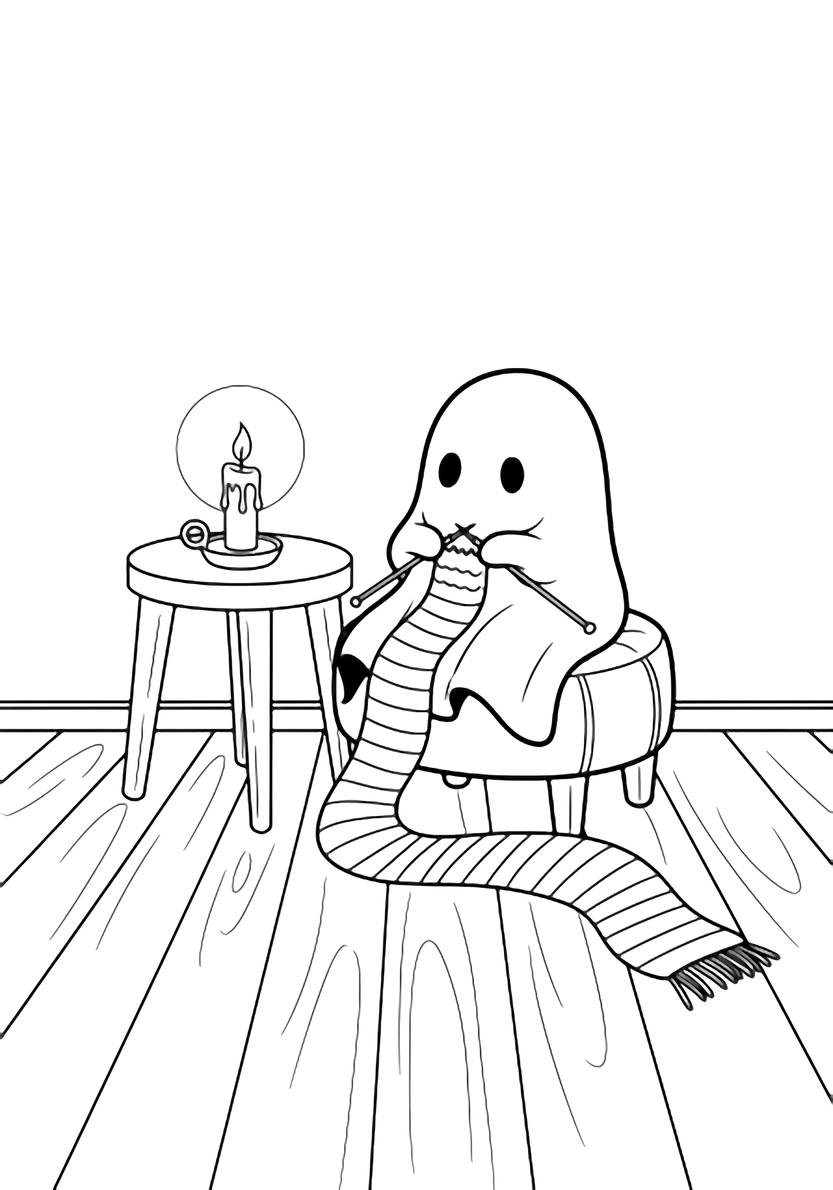Tiny ghost on a stool knitting a long scarf; candle glows on a side table beside bare floorboards and wall. kleurplaat