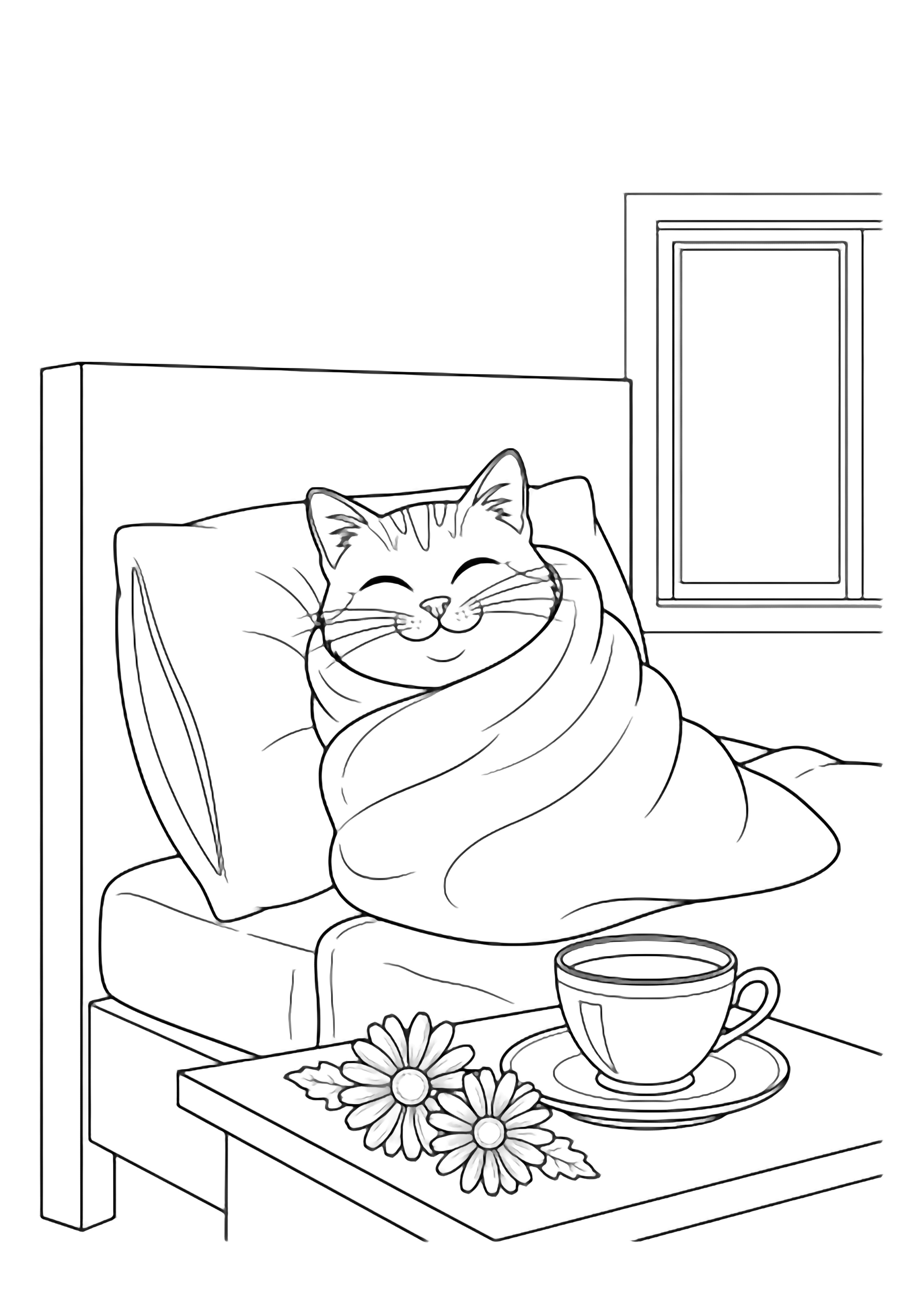 A contented cat curled in a blanket on a pillow beside a teacup, saucer, and two daisies on a nightstand, with a window and headboard behind. kleurplaat