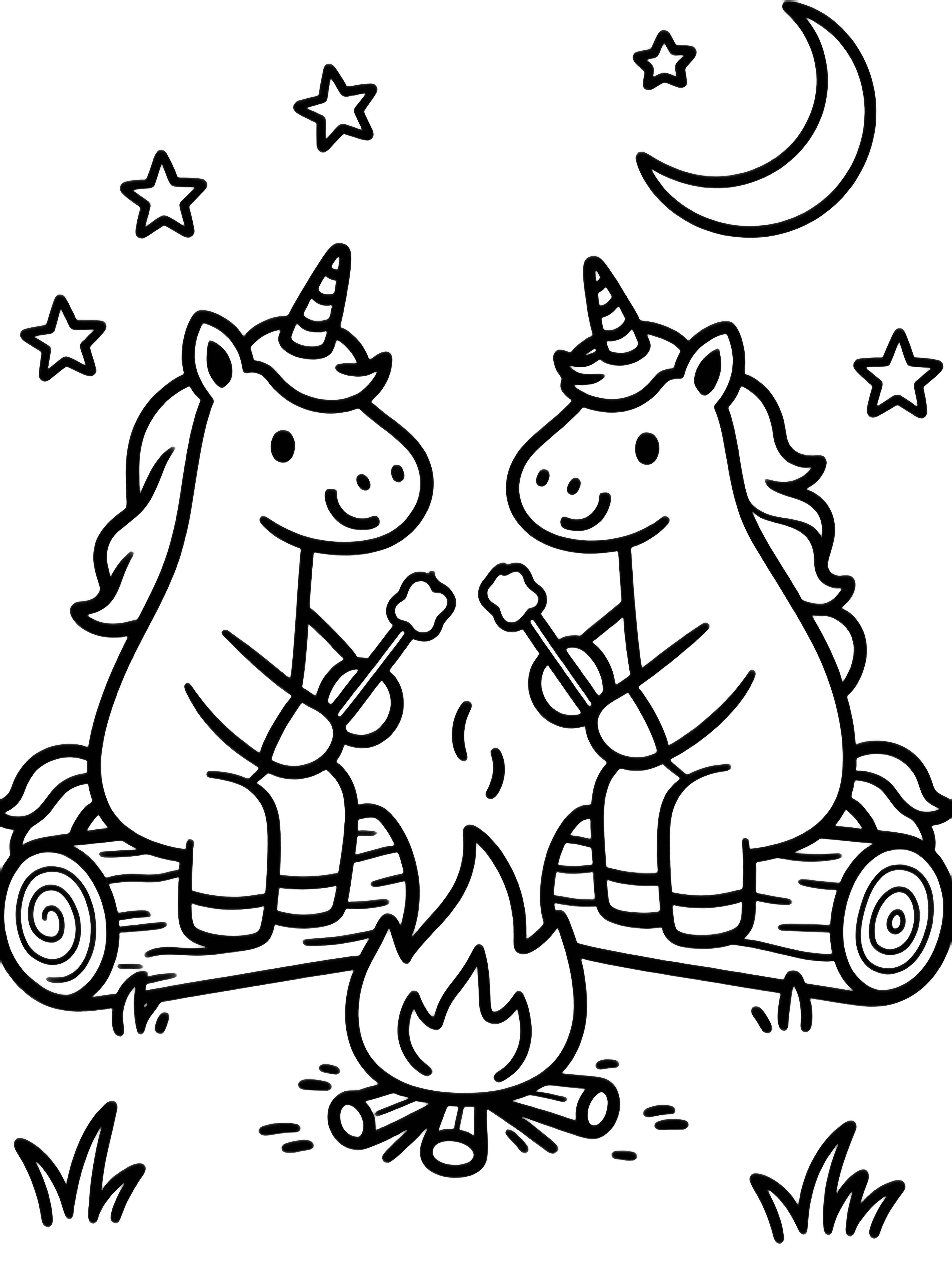 Two smiling unicorns roast marshmallows on sticks over a small campfire, seated on log stools beneath stars and a crescent moon. kleurplaat