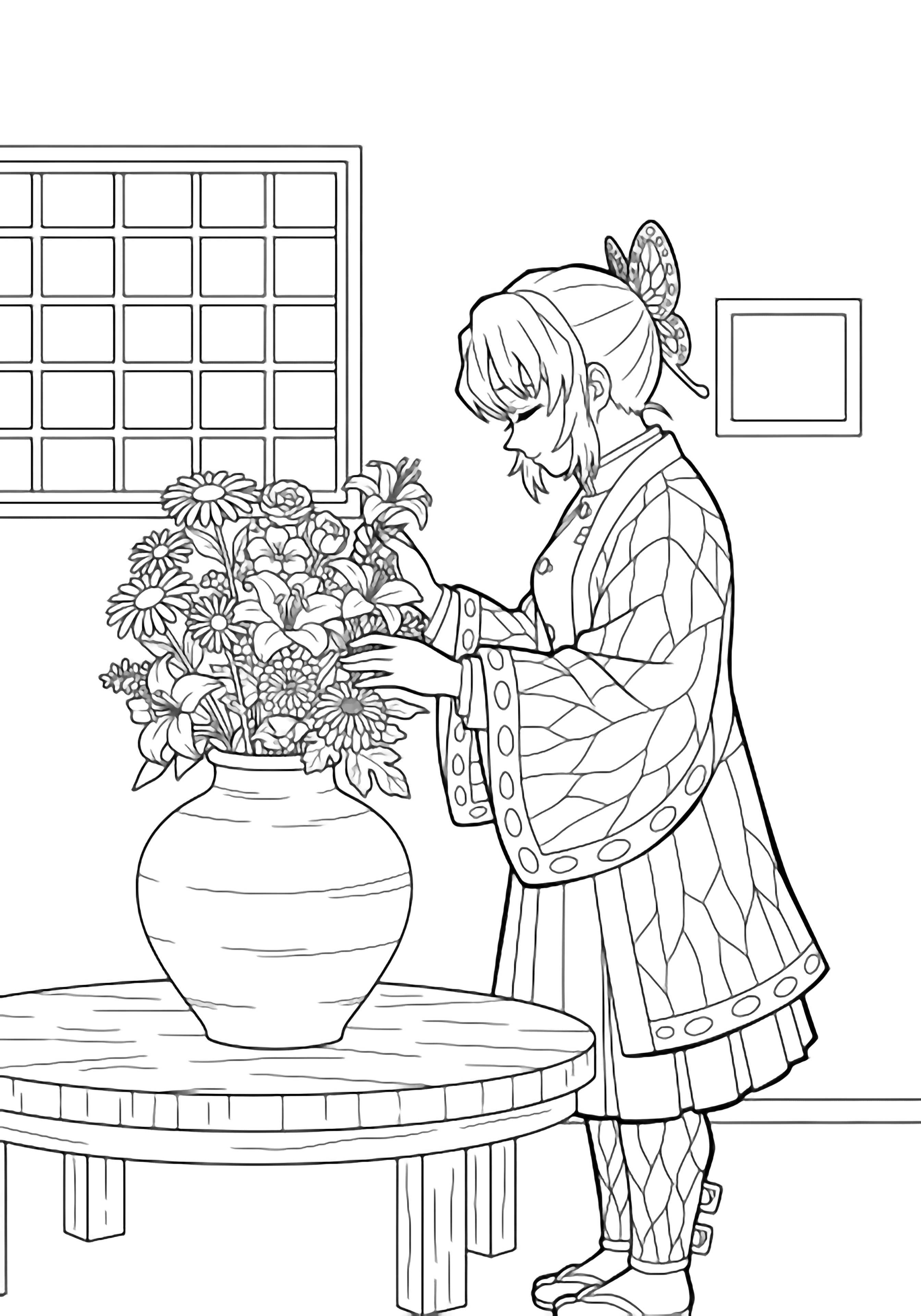 Kanao arranging flowers in a wide clay vase at a low table, framed by a tatami screen and small window. kleurplaat