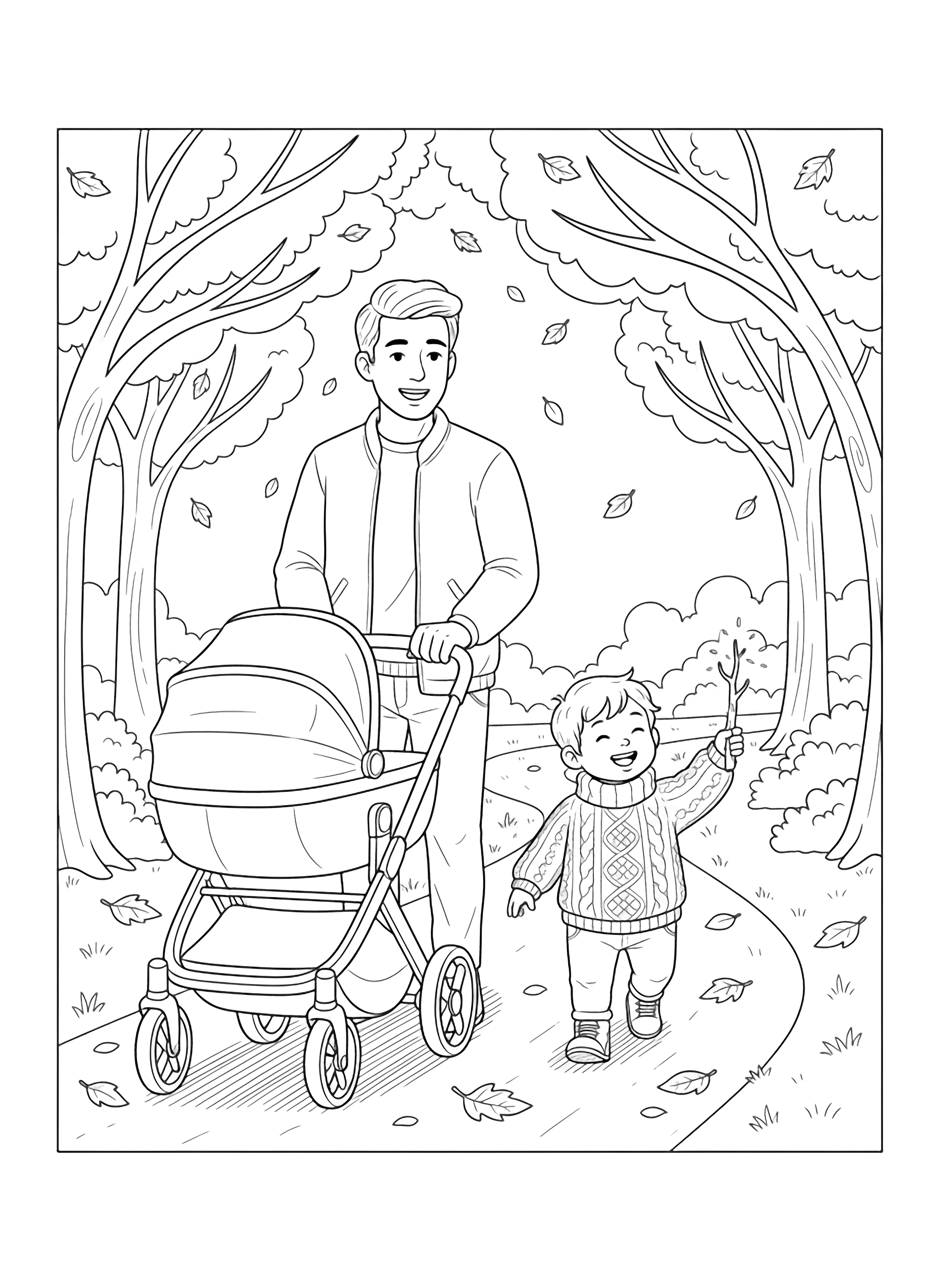 A black and white page showing a cheerful autumn day in the park A smiling father pushes a sleek modern stroller with round wheels along a winding path covered with scattered leaves Beside him walks a delighted 3 year old child wearing a cozy sweater and holding a tiny twig like a magic wand Gentle trees frame clean black and white line drawing minimal shading no colour no fill kleurplaat