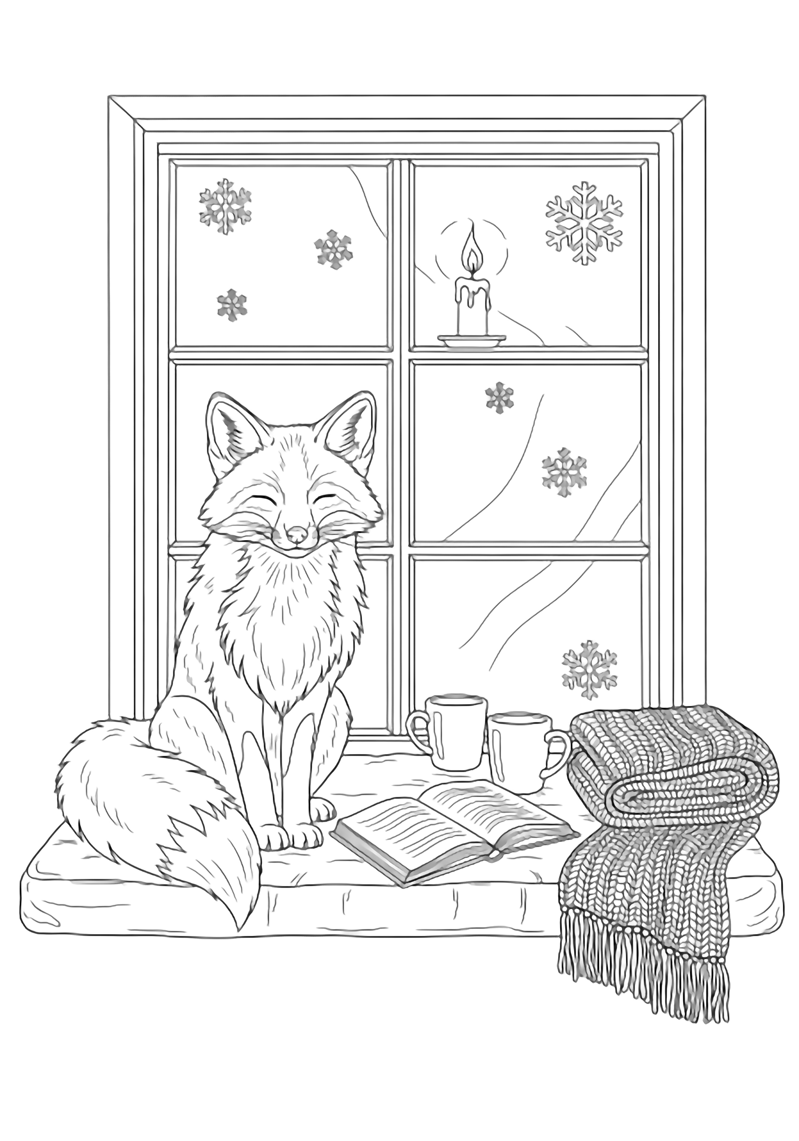 A fox sits on a cushioned window sill; snowflakes are etched on the pane, a candle flickers, empty mugs, an open book and a knit blanket rest nearby. kleurplaat