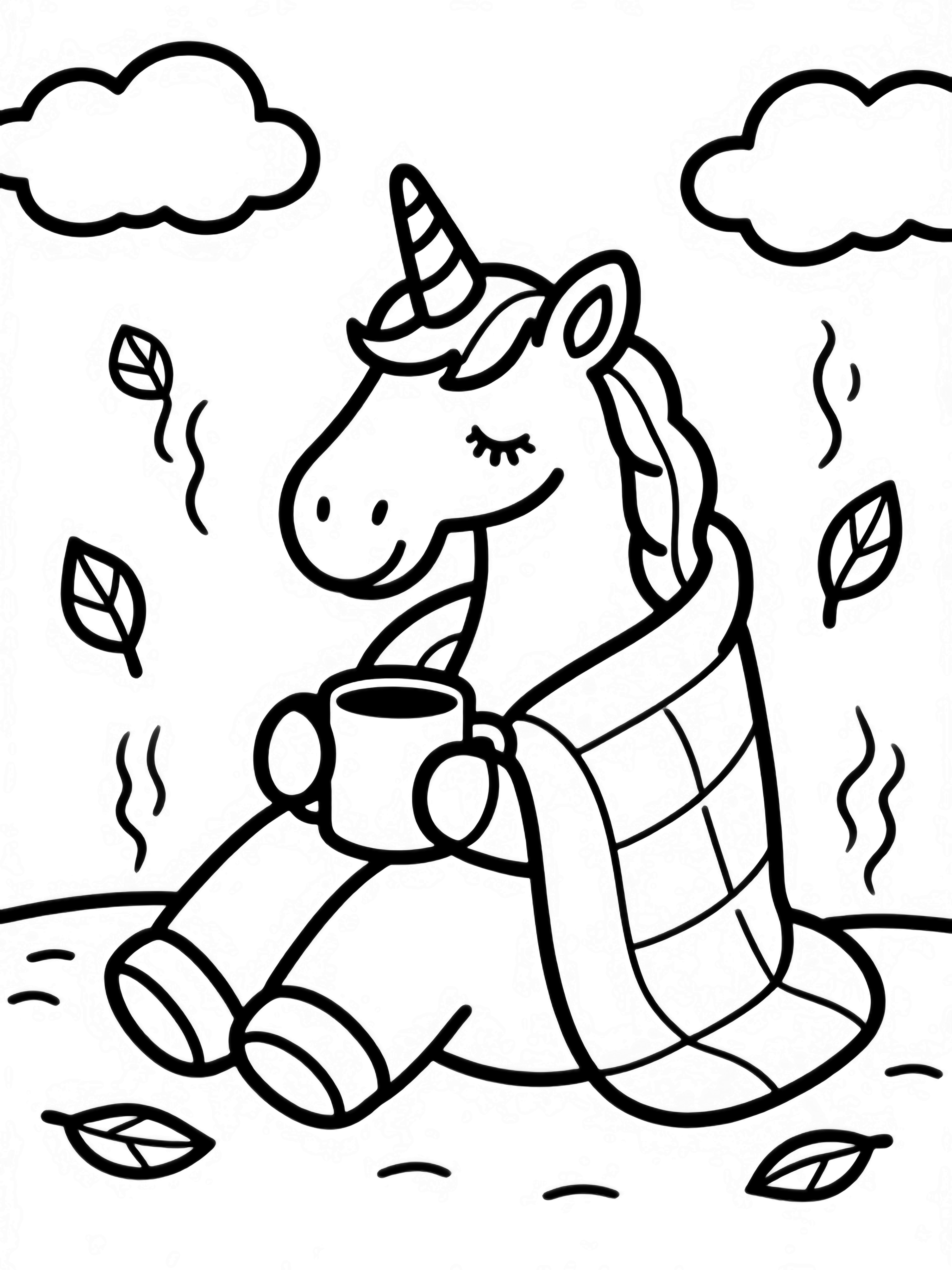 A sleepy unicorn wrapped in a blanket cradles a steaming mug while leaves drift around and clouds float behind. kleurplaat