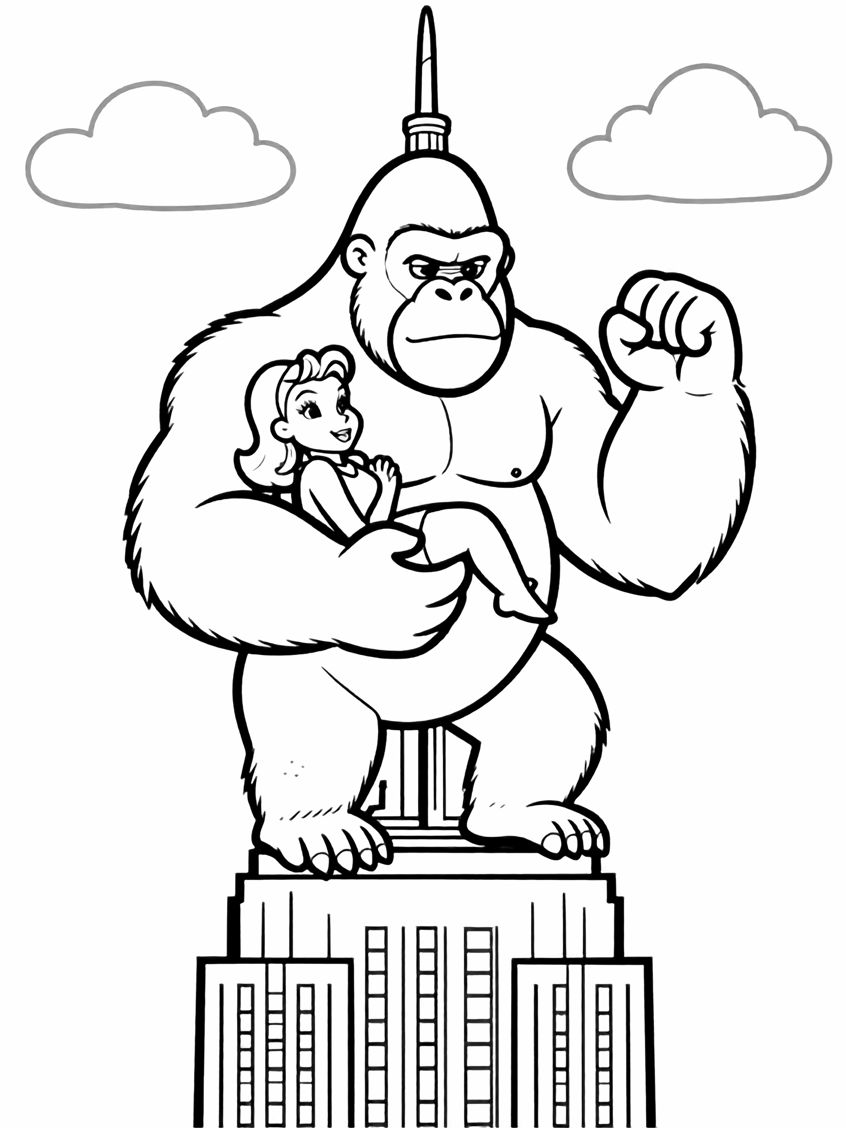 King Kong perches heroically on the Empire State Building spire, cradling Ann Darrow gently in one palm while raising his other fist; simple clouds and tiny plane outlines frame the open sky. kleurplaat