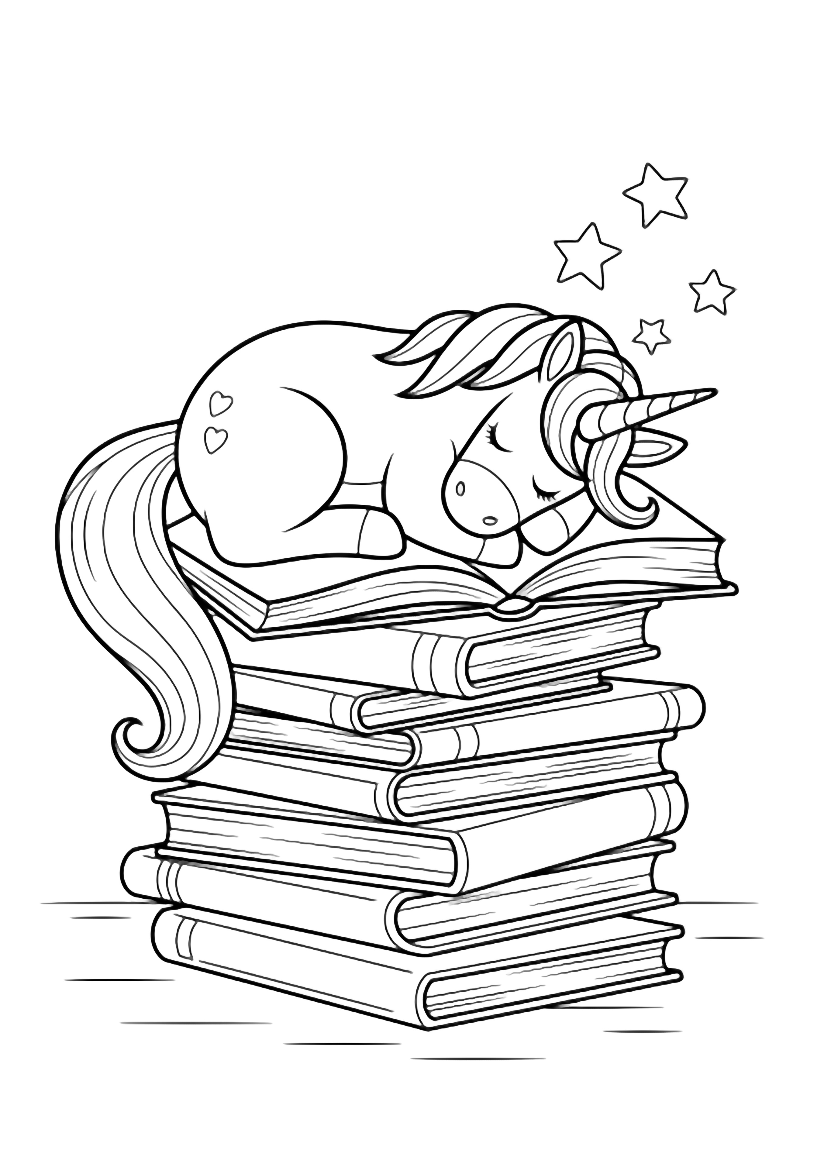 A sleeping unicorn rests on a tower of open books, tail hanging down, mane flowing, with tiny stars drifting above. kleurplaat