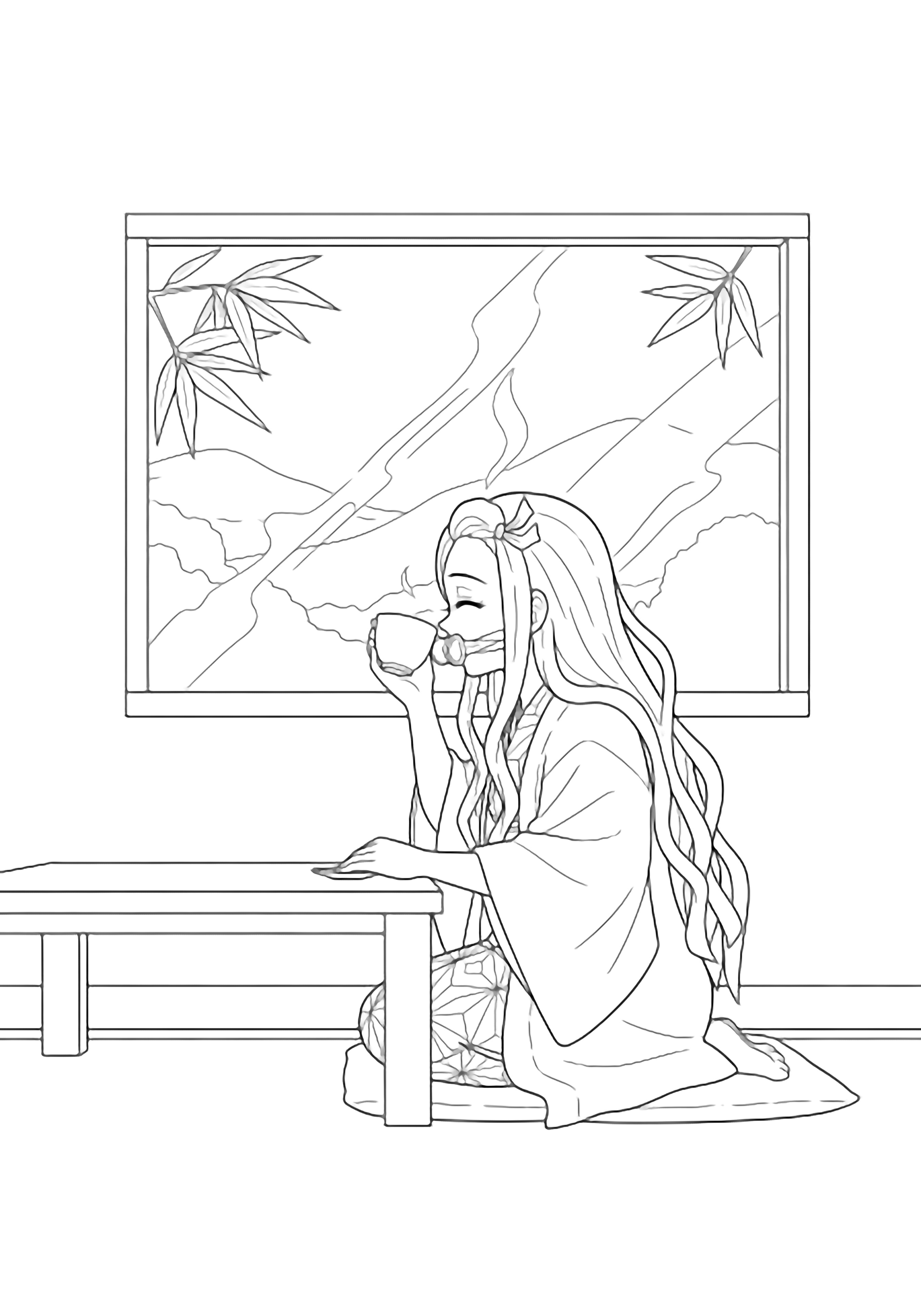 Nezuko kneels at a low table lifting a teacup; behind her a big window frames bamboo silhouettes, steamy glass and distant hills. kleurplaat