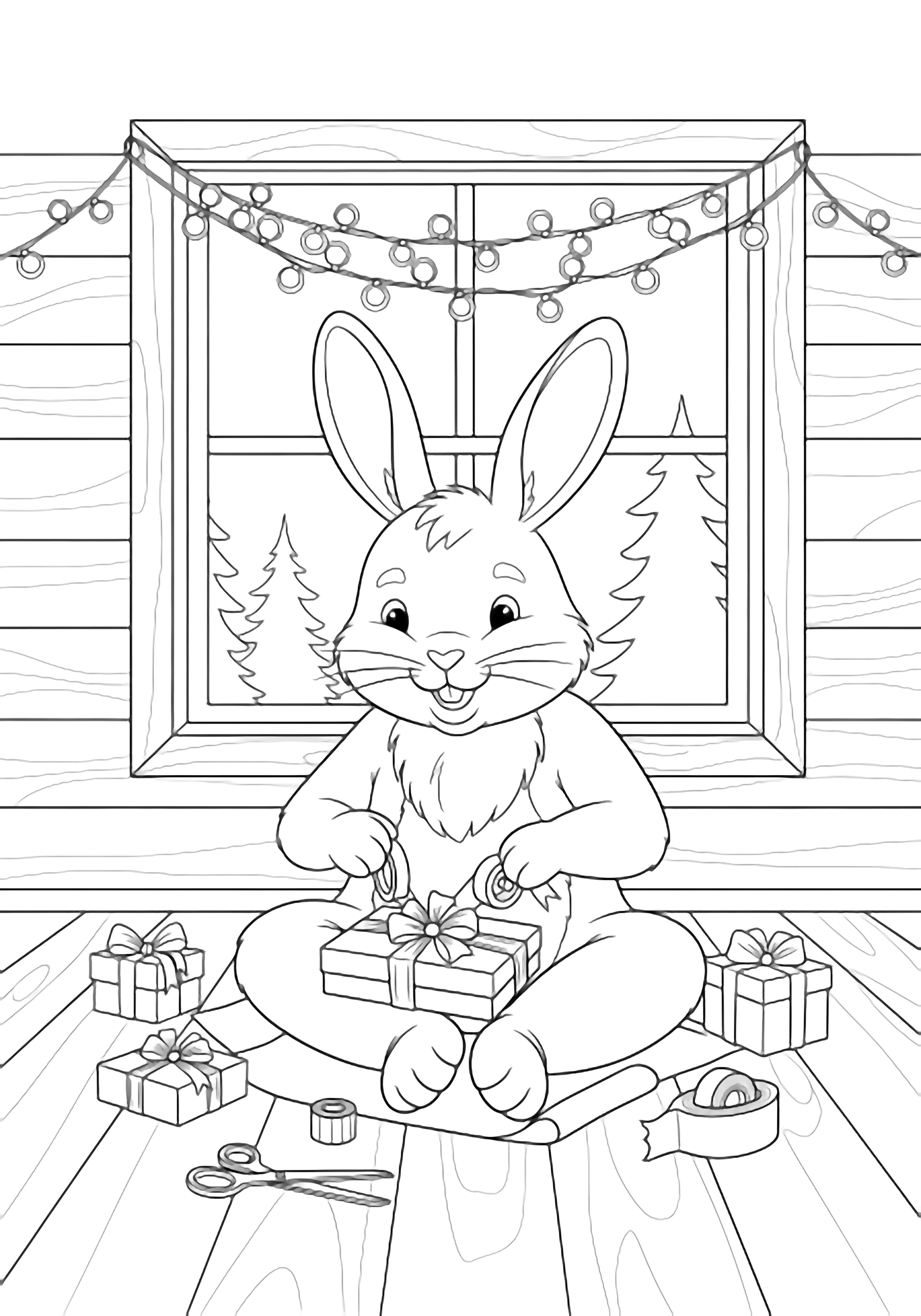 A smiling rabbit sits cross-legged on a cabin floor wrapping a present, fairy lights above, pine trees outside the window, gifts, tape and scissors scattered around. kleurplaat