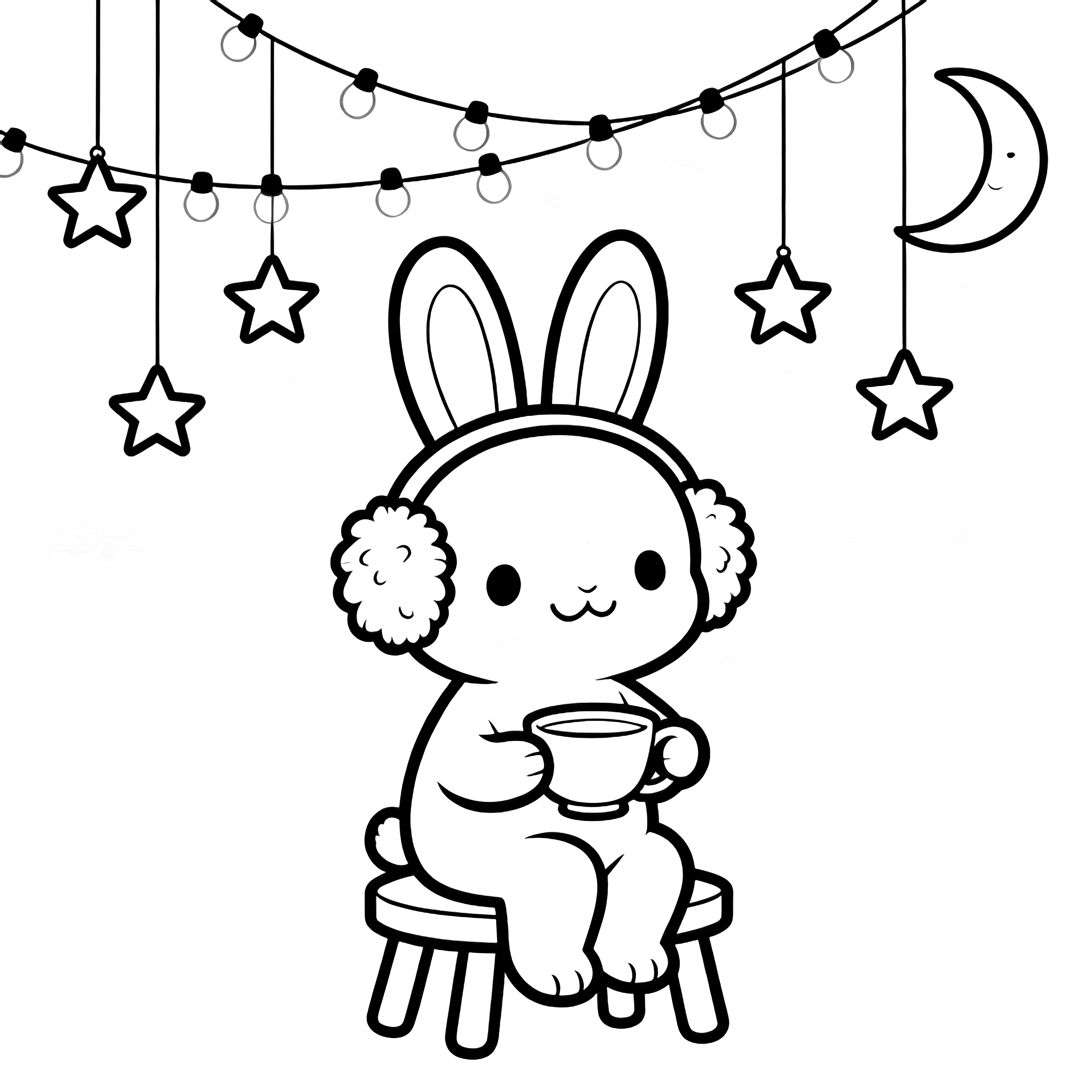 A smiling rabbit in earmuffs sits on a stool, delicately holding a teacup beneath dangling fairy lights, simple stars, and a crescent moon. kleurplaat
