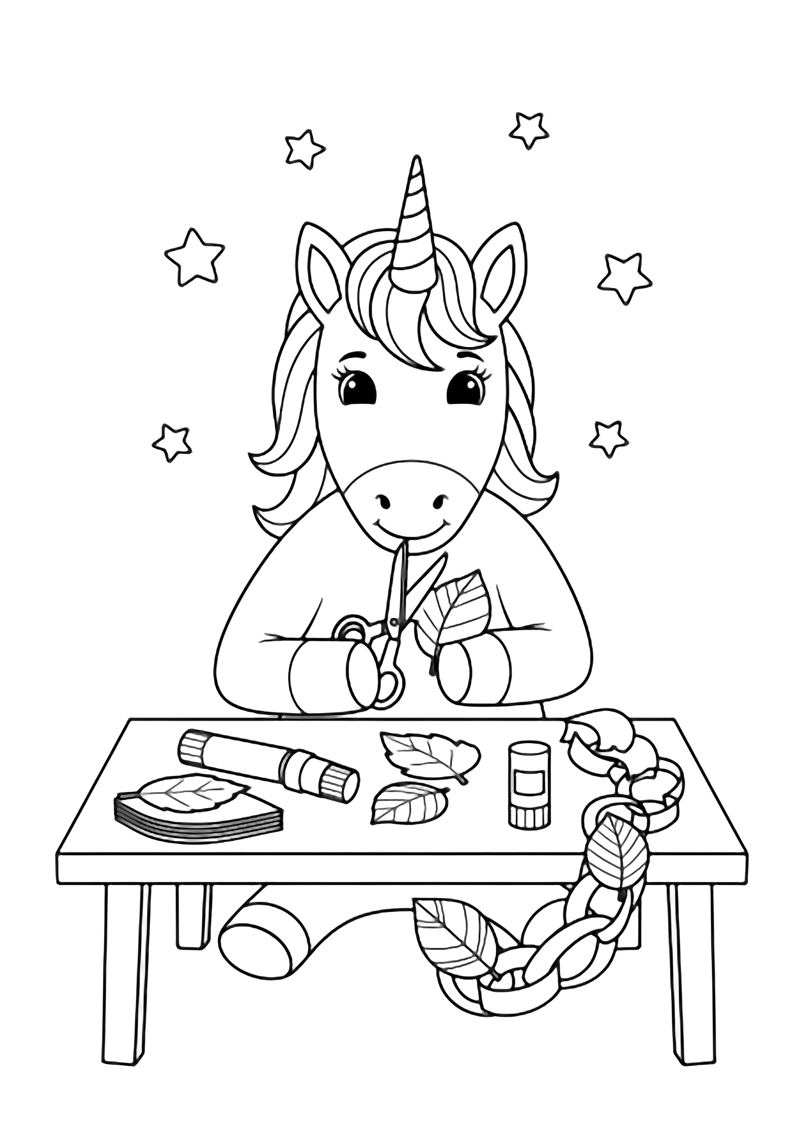 A smiling unicorn sits at a tiny table, hooves holding safety scissors while cutting paper leaves; blank leaf stack, glue stick, finished leaf chain on tabletop, simple stars behind. kleurplaat