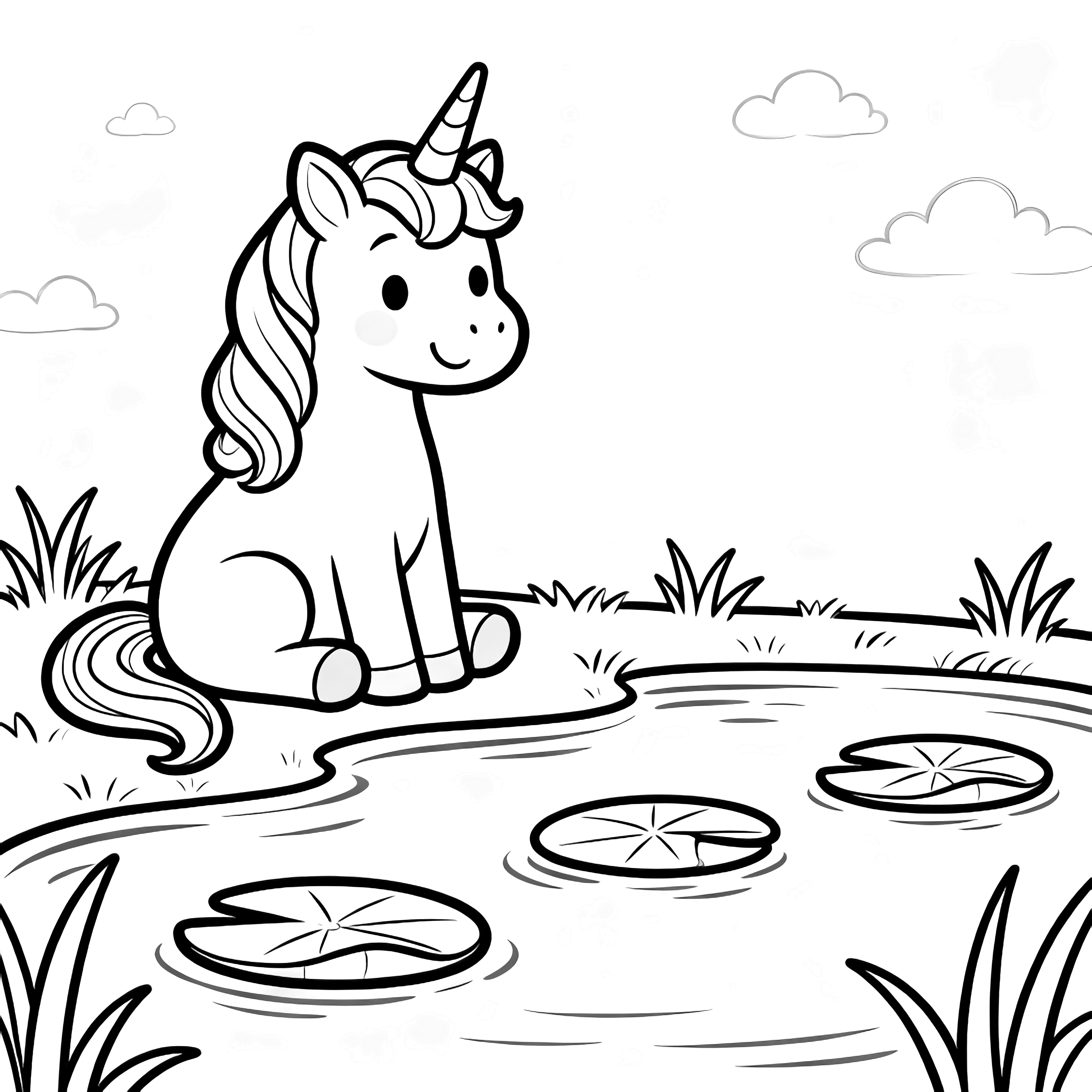 A smiling unicorn sits beside a pond; three lily pads float on the water, framed by grass tufts and tiny clouds. kleurplaat