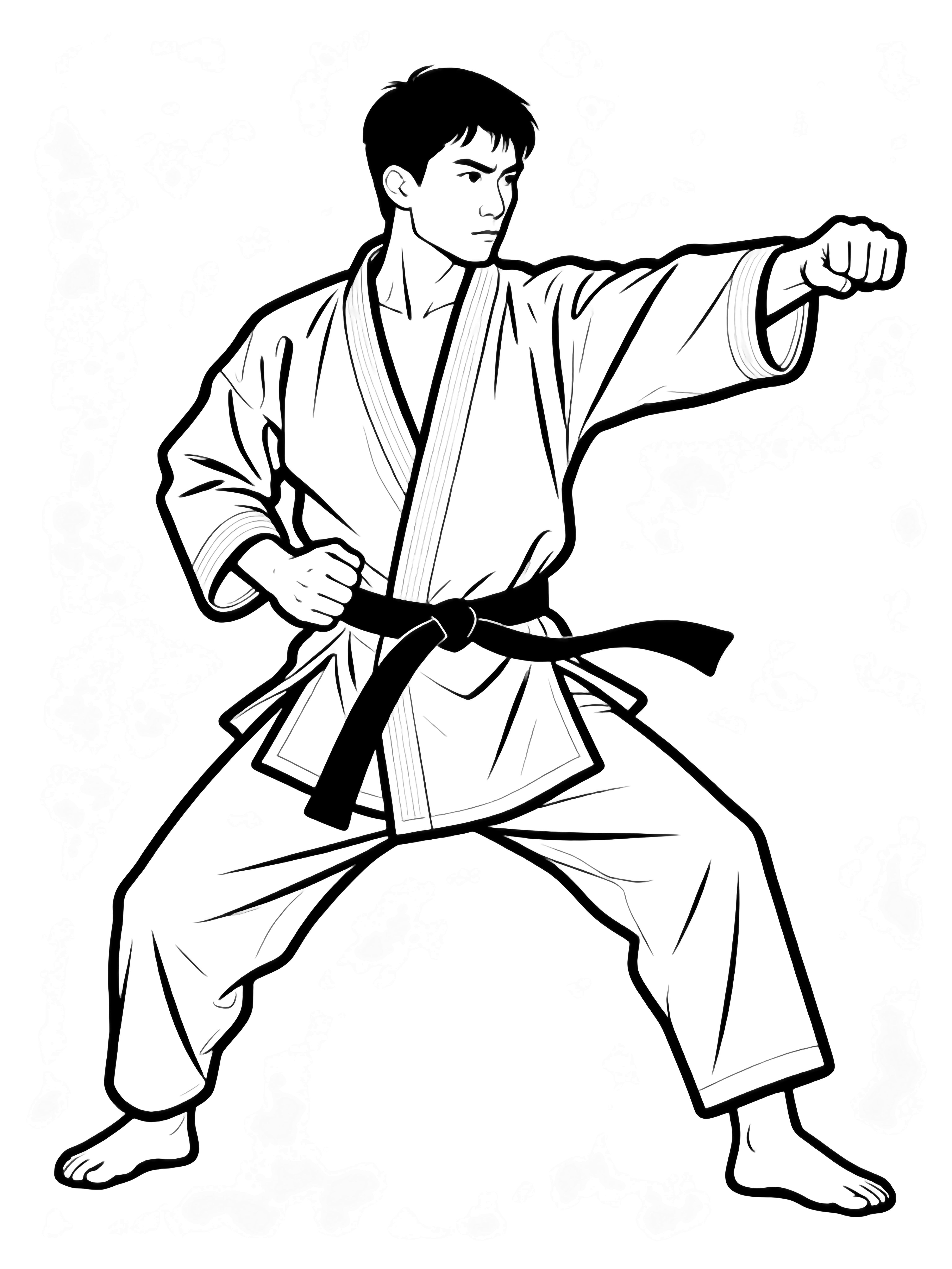 Karate master in deep stance, one arm thrust forward, other fist at hip; gi open, belt ends flying kleurplaat
