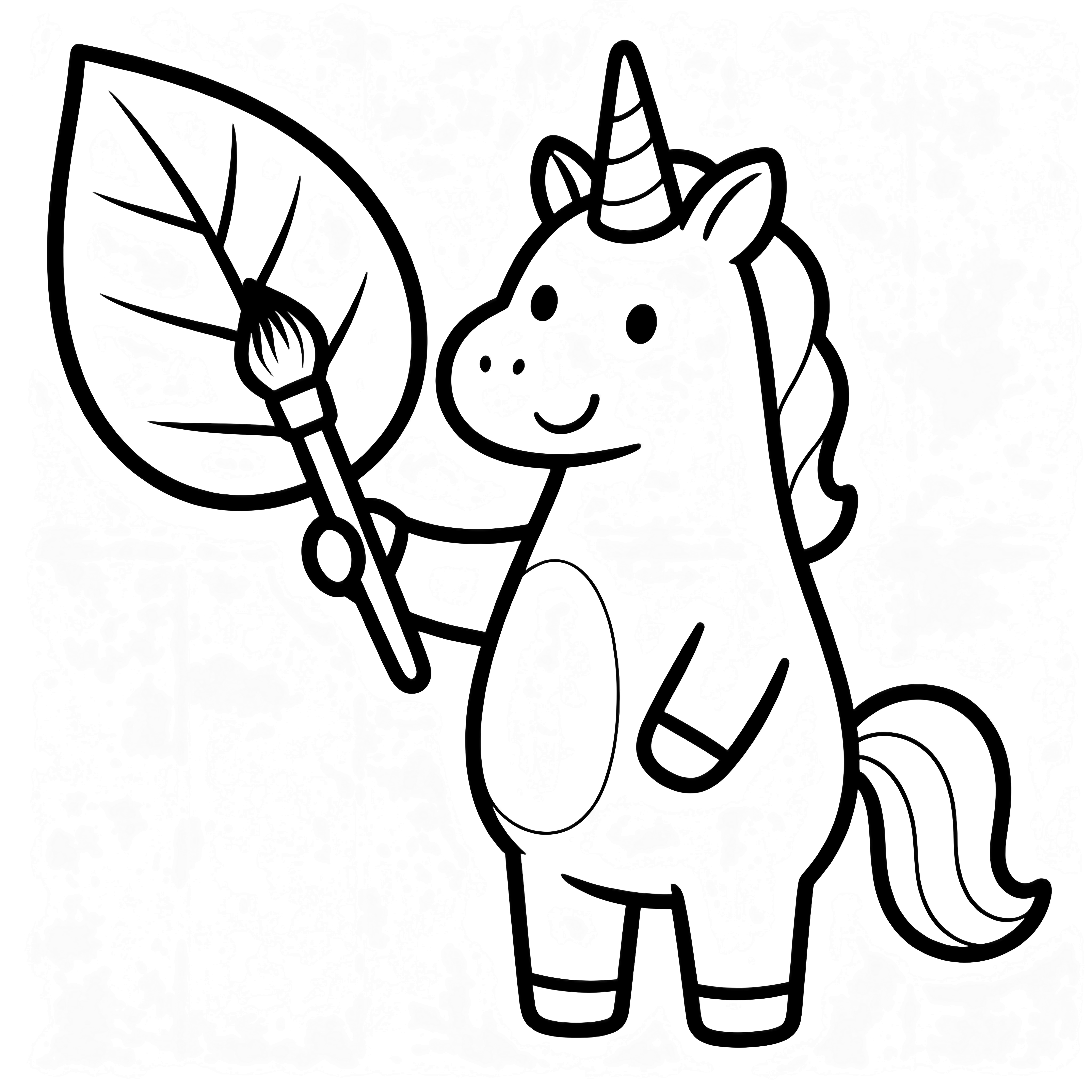 A smiling unicorn stands upright, painting a large leaf with a brush. kleurplaat