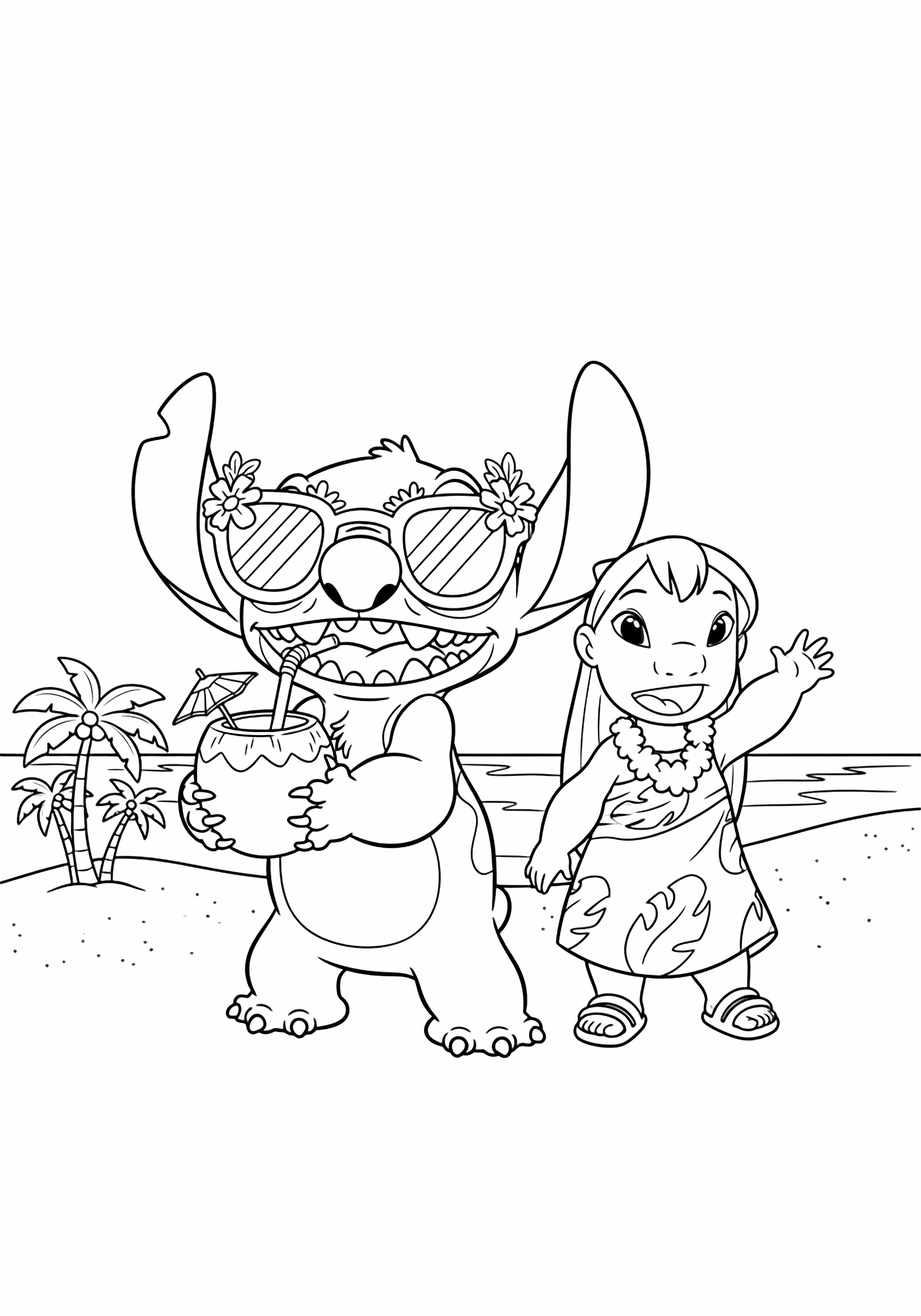 illustration on a Stitch in tropical sunglasses stands holding a coconut cup with straw while Lilo waves beside him; simple sand line two tiny palms and ocean horizon complete the easy cheerful scene clean black kleurplaat