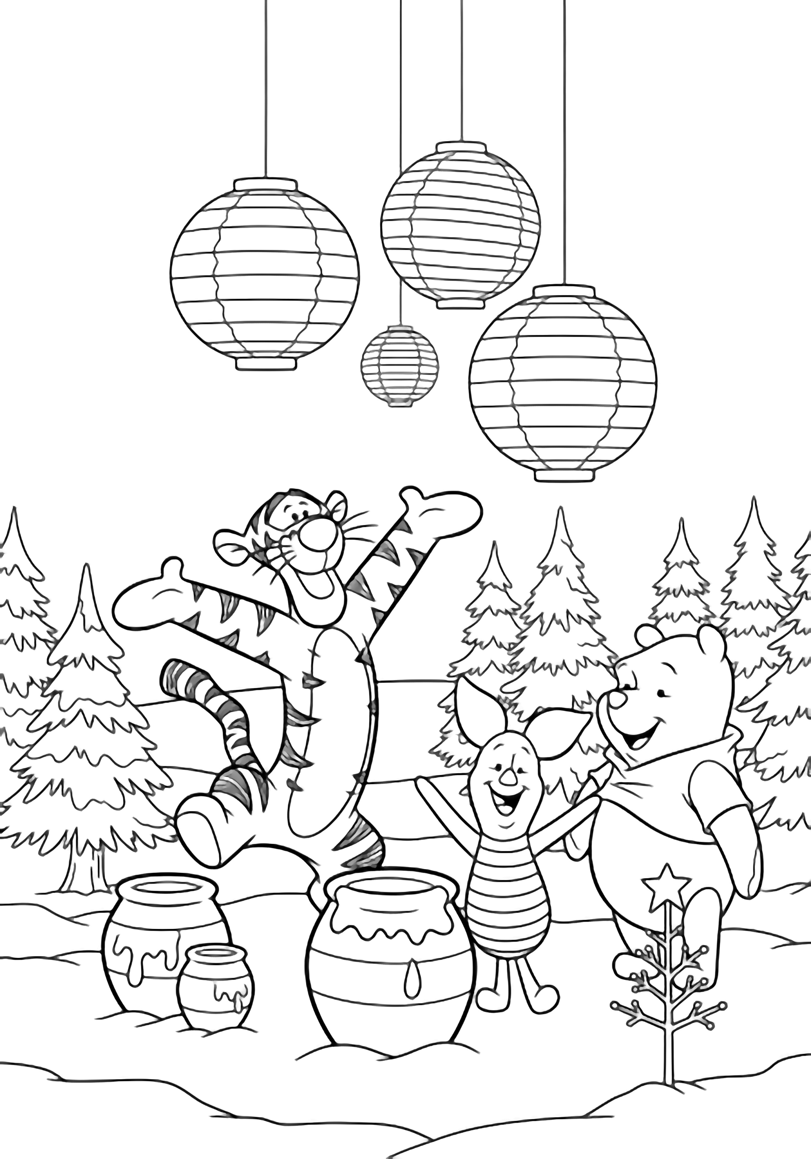 illustration on a Winnie the Pooh Tigger bouncing and Piglet smile beside honey pots under dangling lanterns amid sparse pine trees; simple snowy ground a star topped twig tree and open white spaces for easy clean black kleurplaat