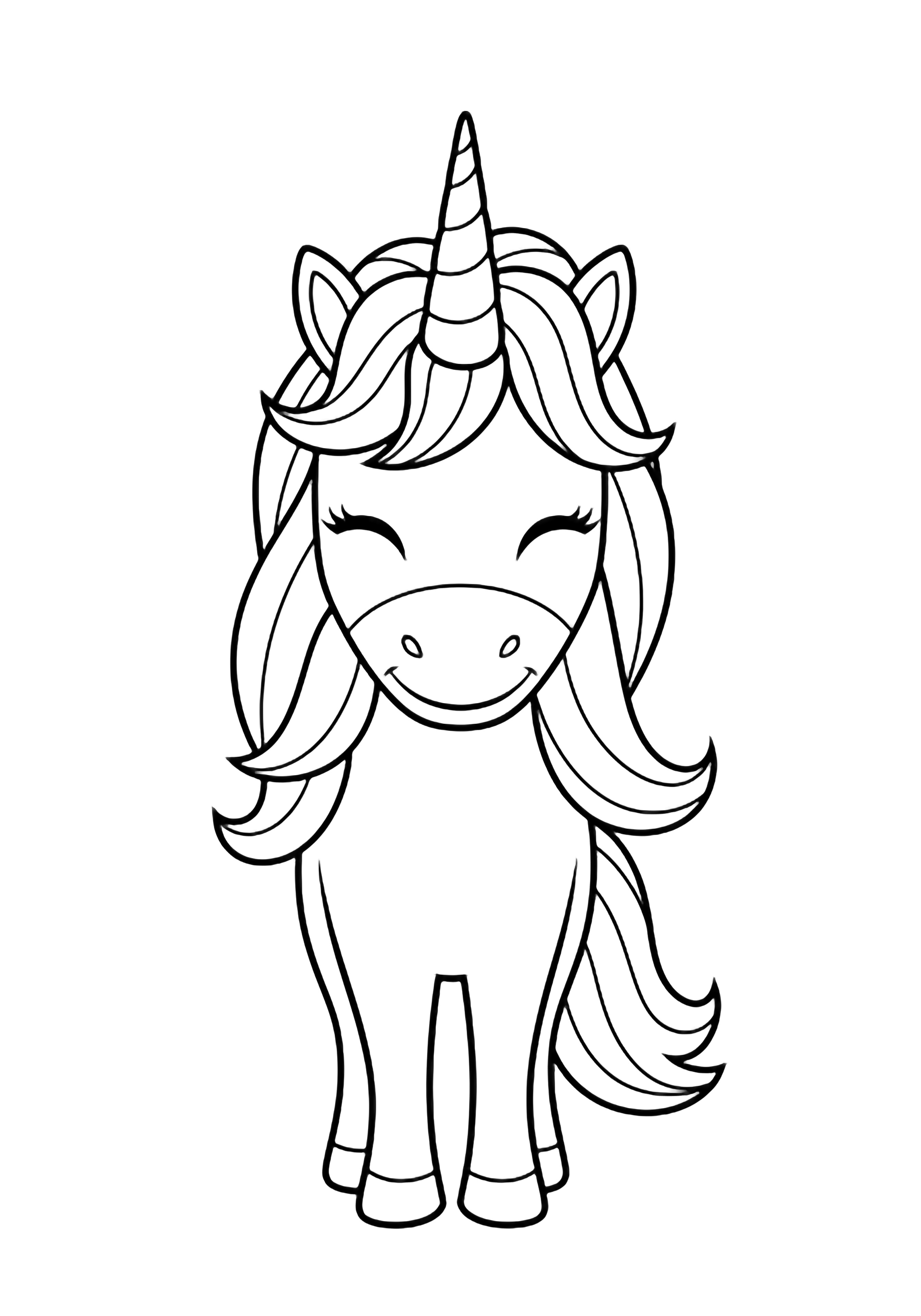 A joyful unicorn with closed eyes, flowing mane and tail, centered spiral horn, standing calmly with legs together. kleurplaat