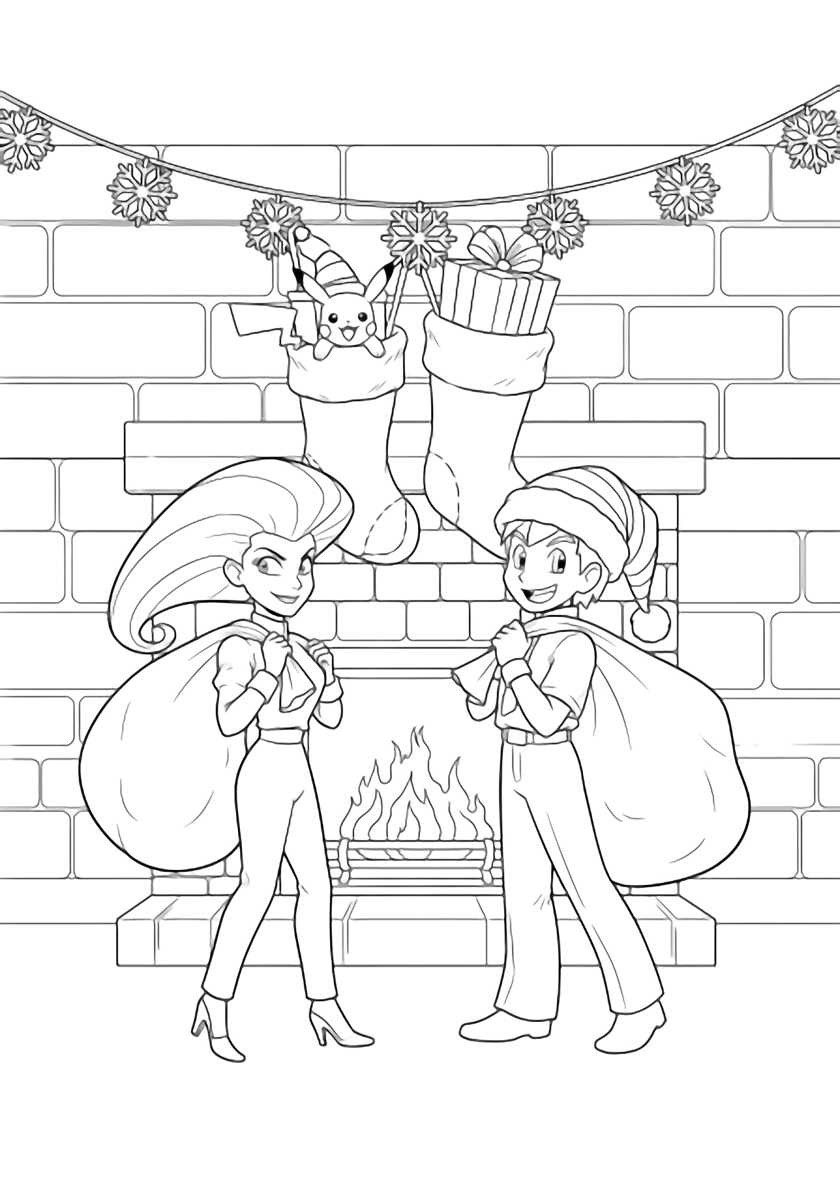 Jessie and James in Santa hats tiptoe past a fireplace, hanging a toy Pikachu and gifts in stockings, empty sacks on shoulders, brick wall and snowflake garland behind. kleurplaat