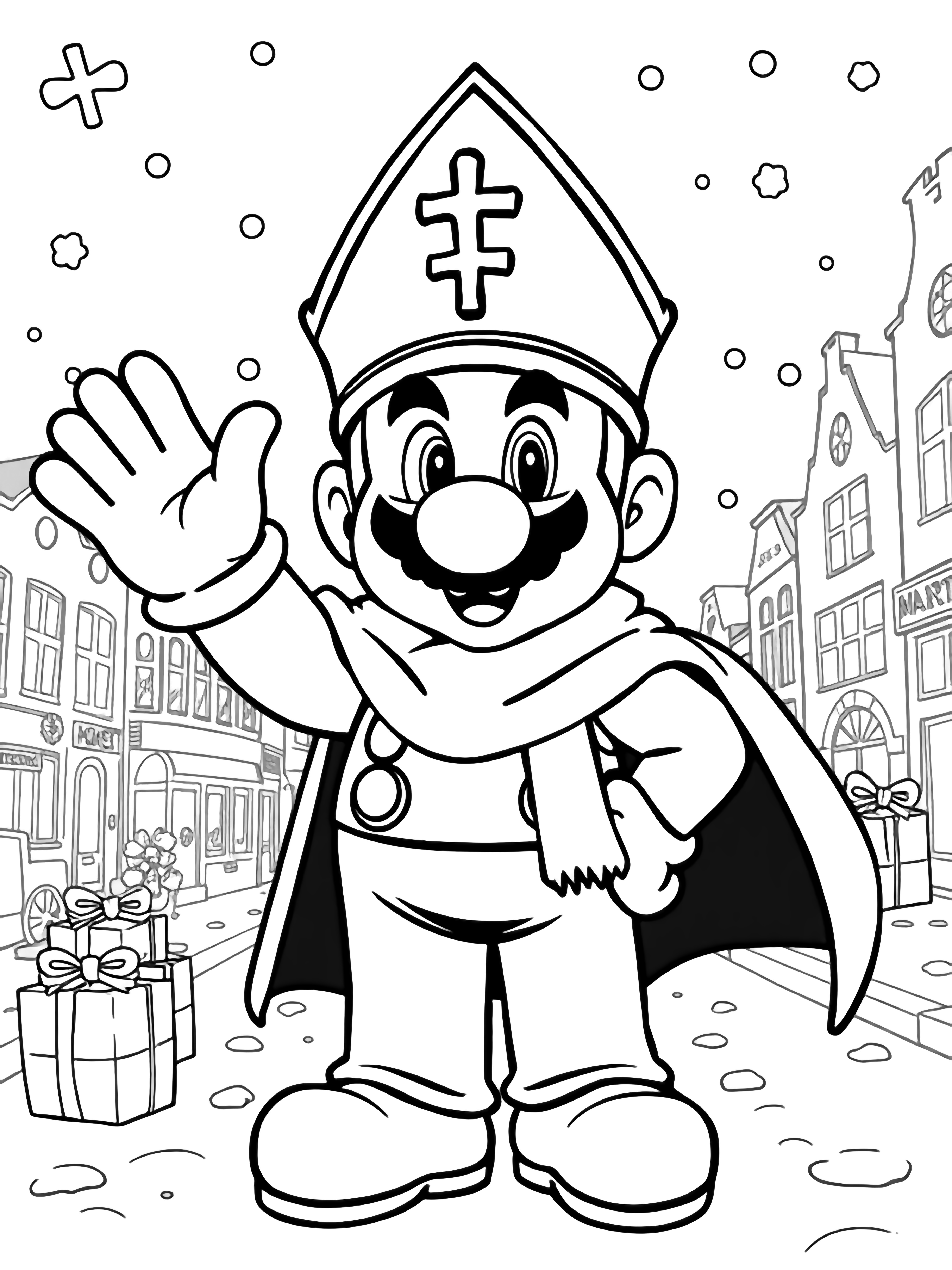 Mario in bishop's mitre and cape waves beside a Dutch canal; tidy houses, gifts, star cookies drift through snowy street under falling snowflakes. kleurplaat