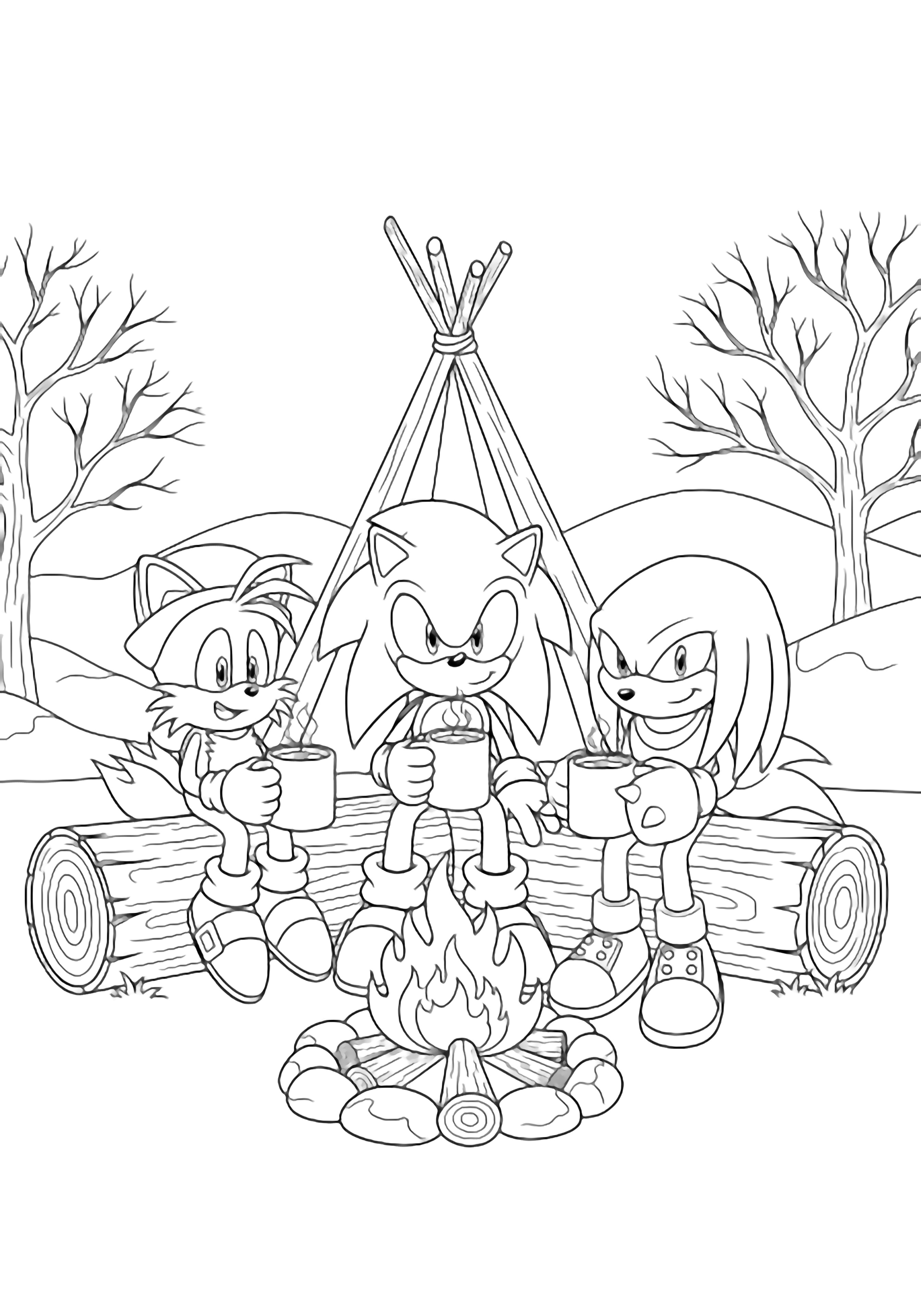 Sonic, Tails, and Knuckles sit on a log holding mugs; a teepee of logs with flames, snow mounds, and bare trees behind. kleurplaat