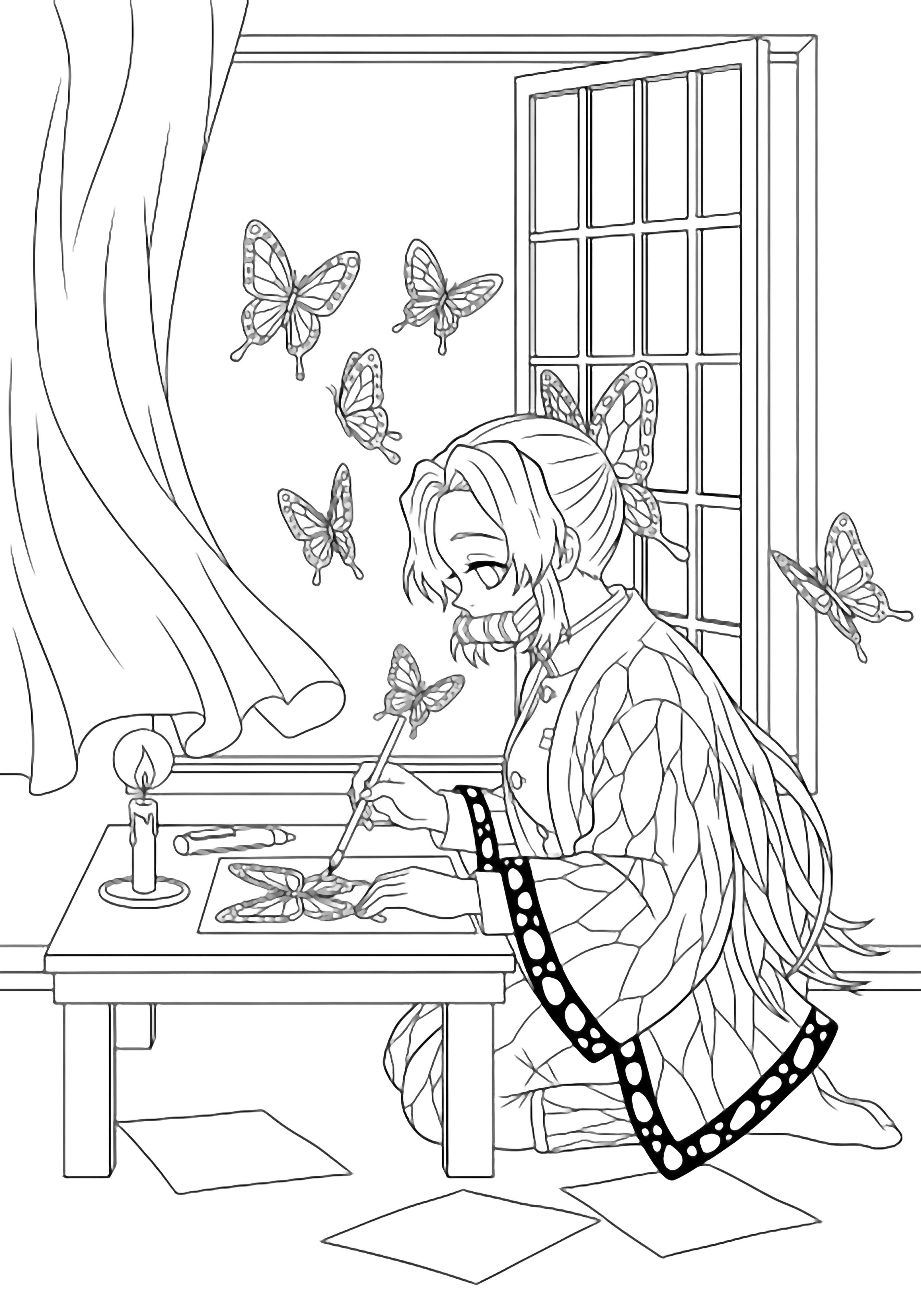 Shinobu kneels at a low table sketching butterflies that dance around her beside an open window, candle and fluttering curtains nearby. kleurplaat