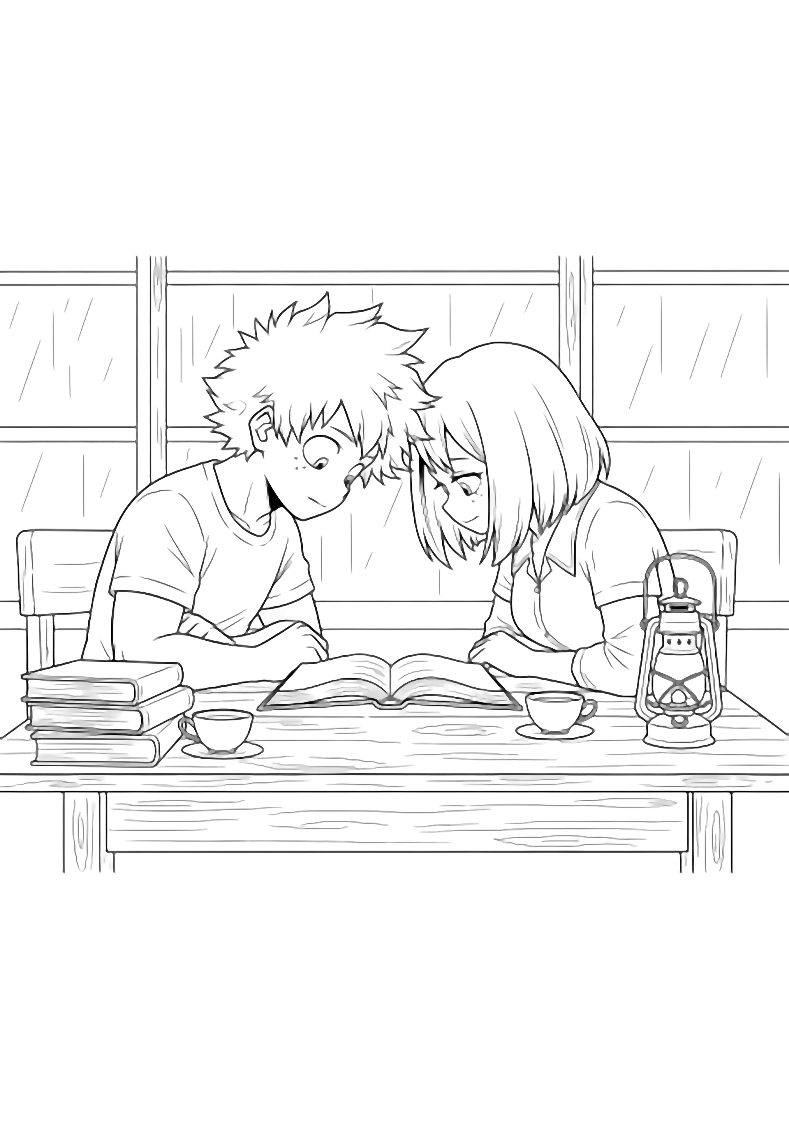 Deku and Uraraka lean over an open book at a wooden desk, stacked cups and books beside them, rain streaking the window, lantern glowing softly. kleurplaat